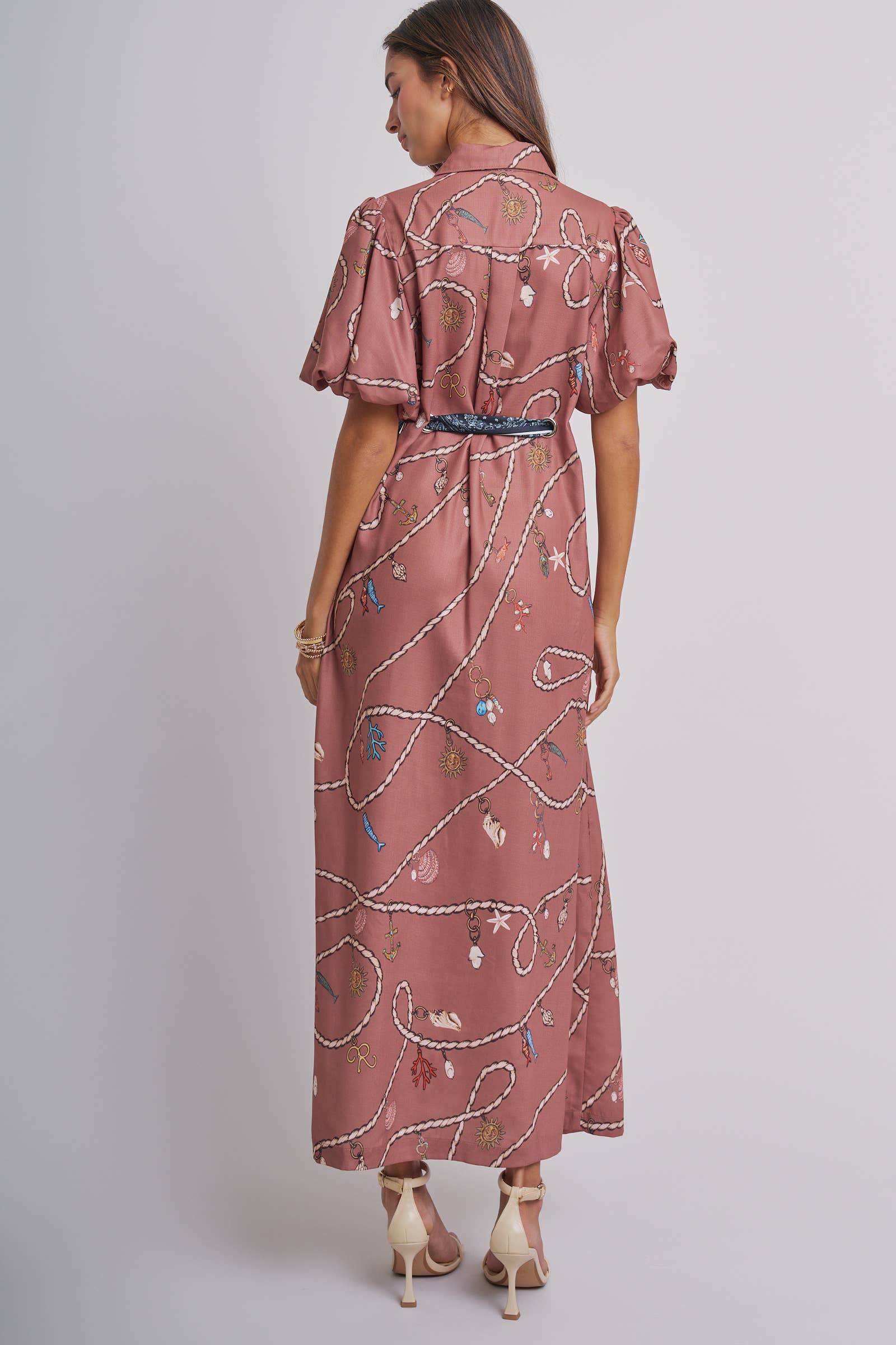 Nautical Motif Puff Sleeve Shirt Dress