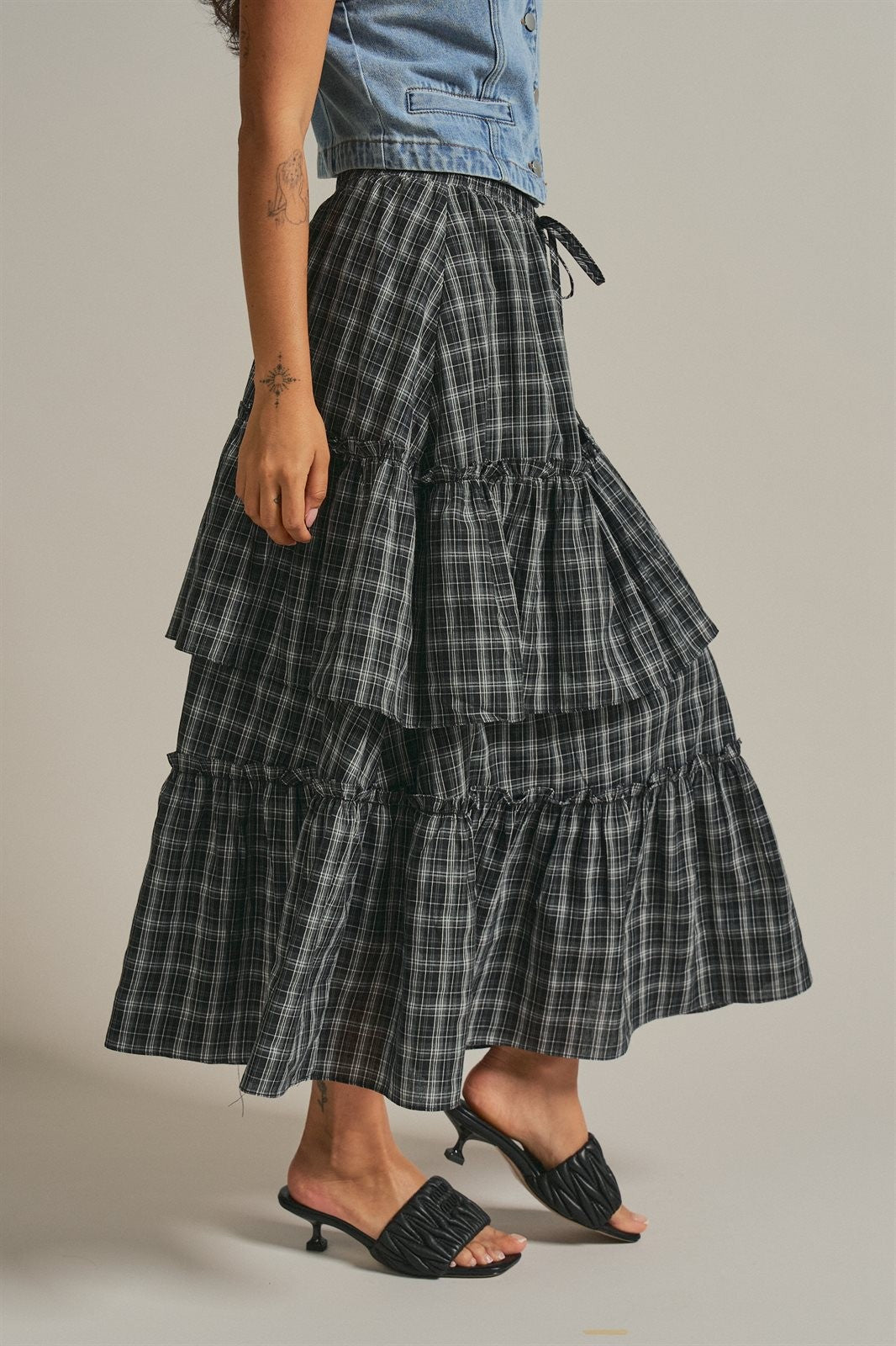 Plaid Tiered Ruffle Maxi Skirt Western Cowgirl Boho Long Ski in BLACK - Women's Midi Skirts | Urban Daizy