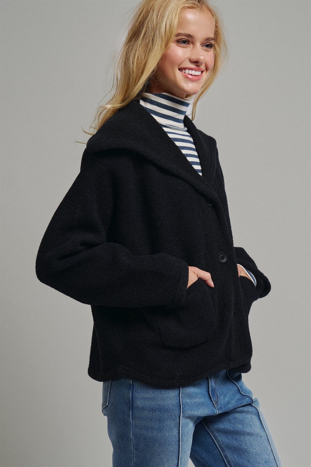 Hooded Button-Front Wool Blend Short Jacket in BLACK - Women's Jackets & Blazers | Urban Daizy