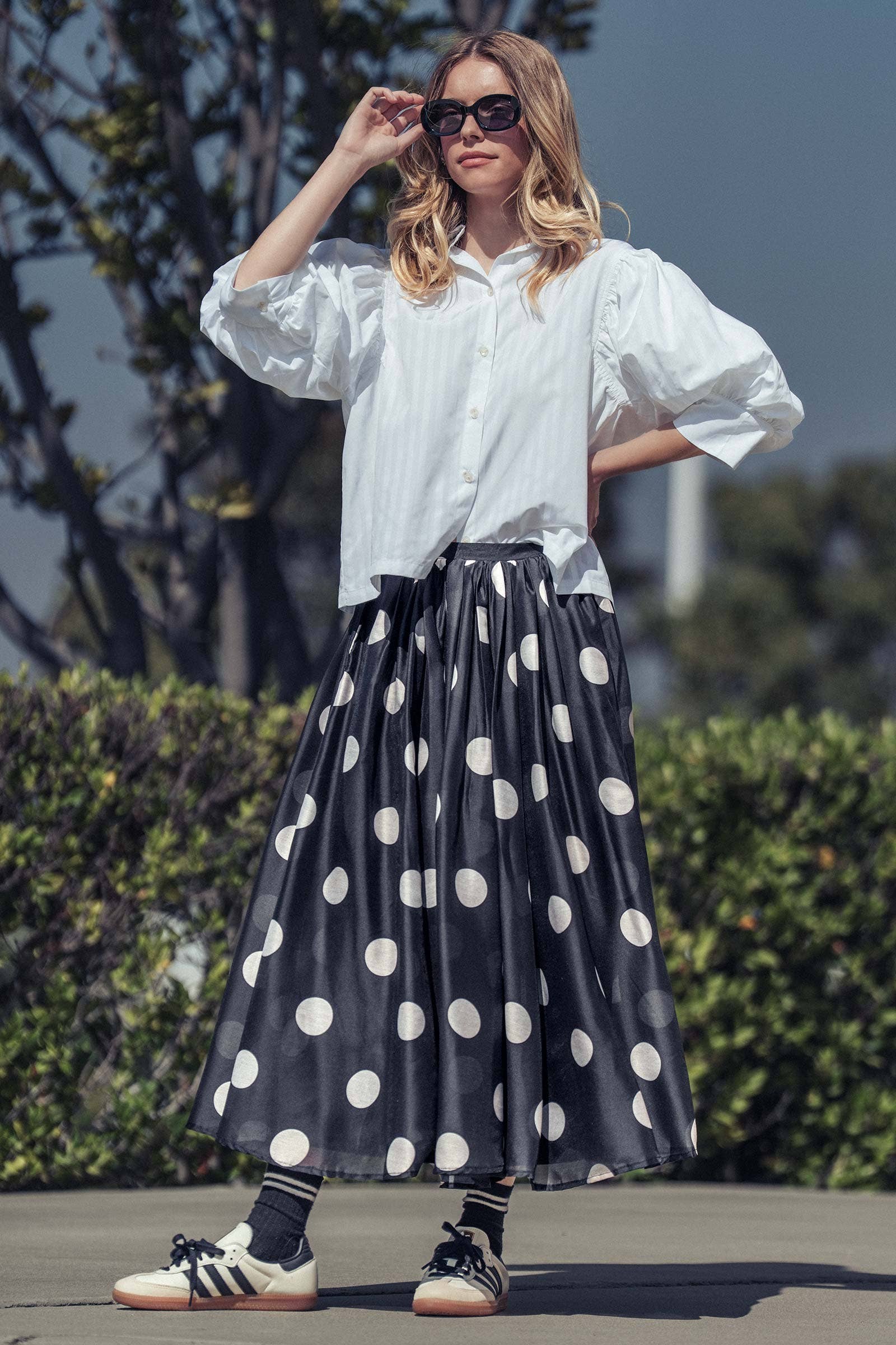 Polka Dot Elastic Waist Midi Skirt