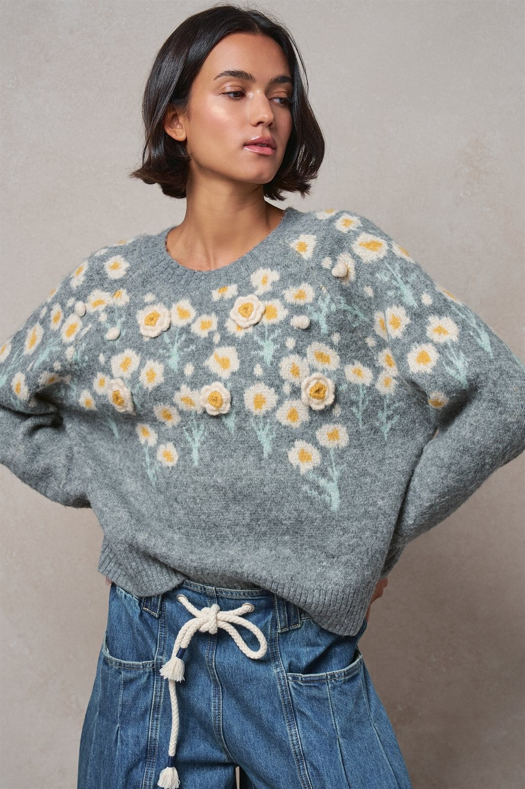 Embossed Floral Knit Sweater in GREY - Women's Sweaters | Urban Daizy