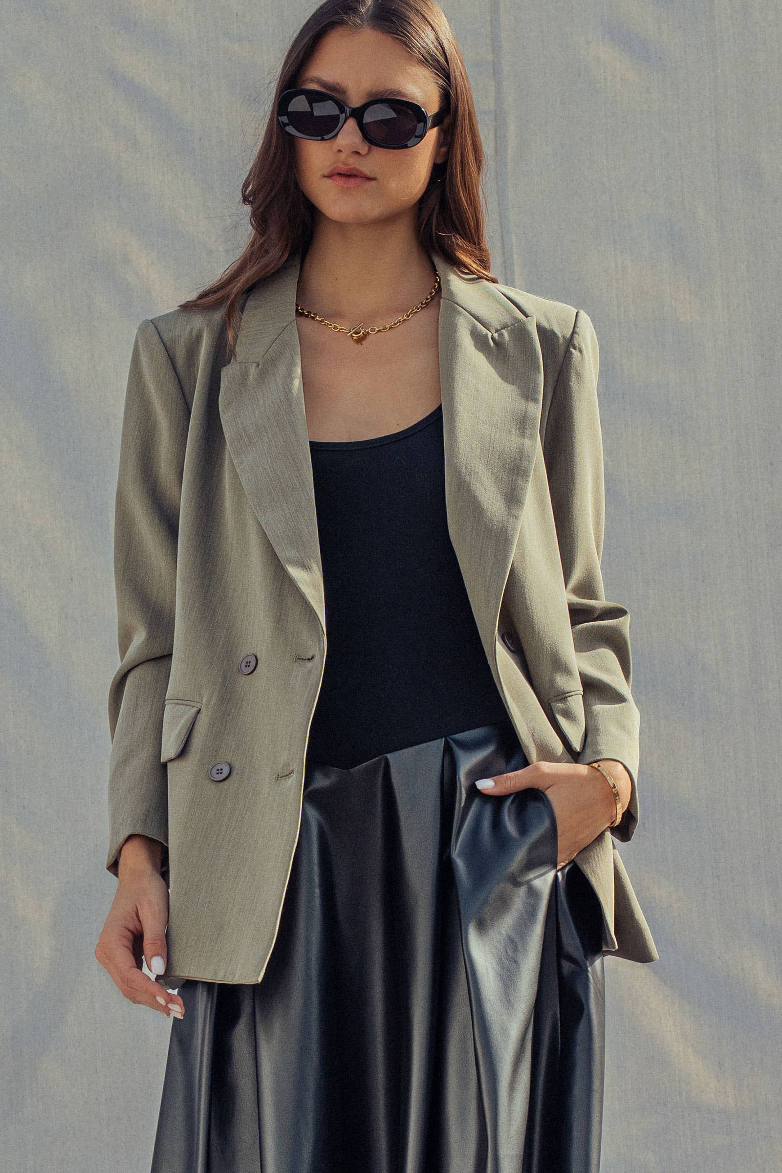 Urban Daizy Oversized Double-Breasted Notched Lapel Blazer Olive Blazer - Women's (UDZ-OT-00468) – alternate view 2