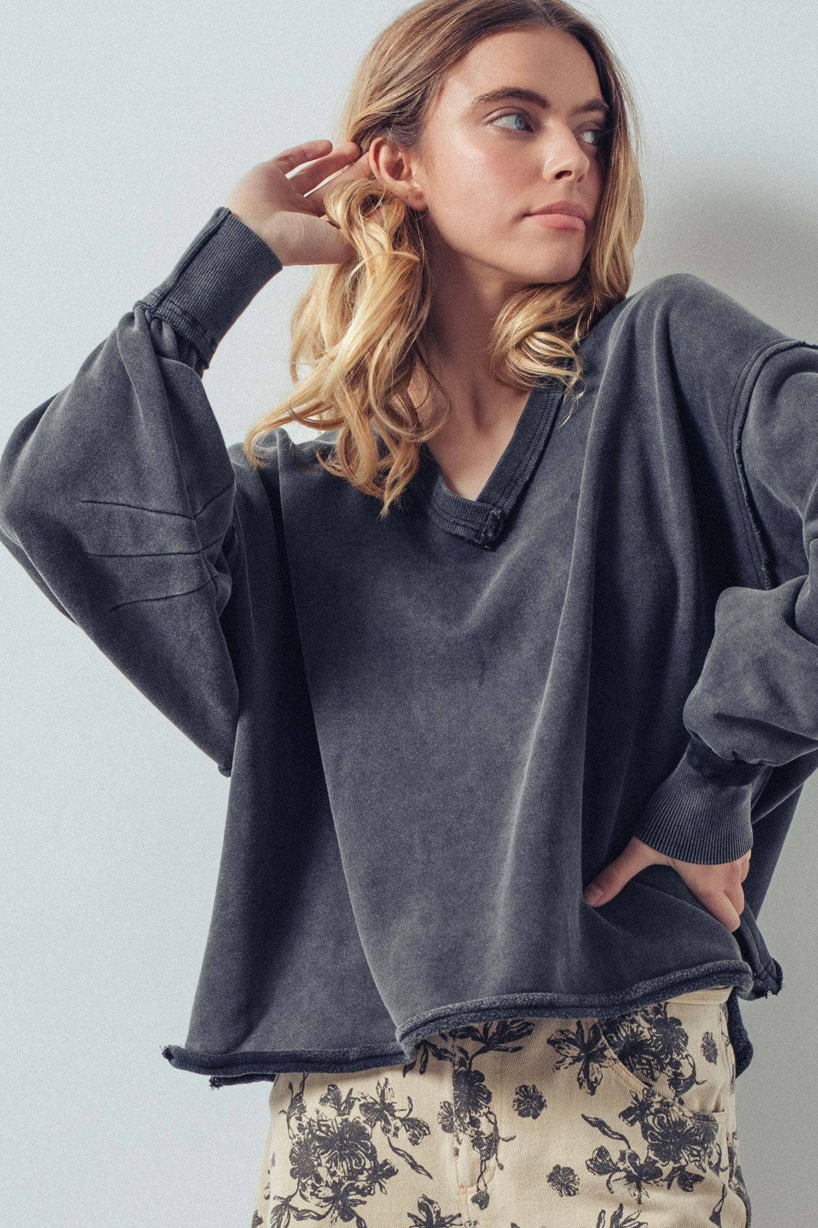 Raw Edge V-Neck Oversized Sweatshirt