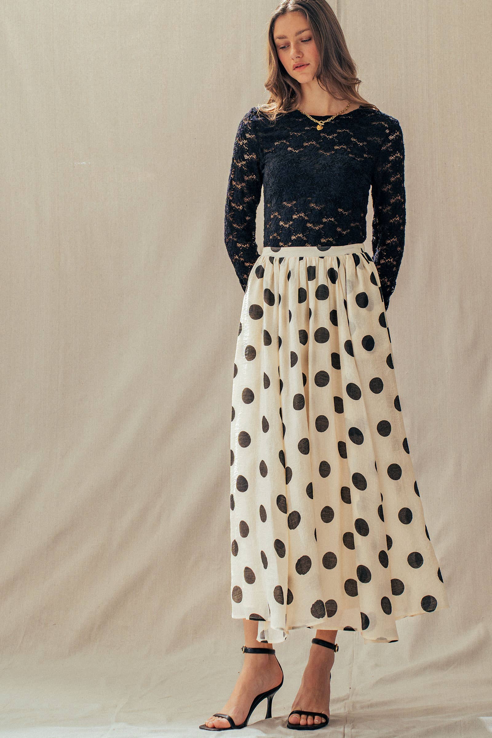 Polka Dot Elastic Waist Midi Skirt