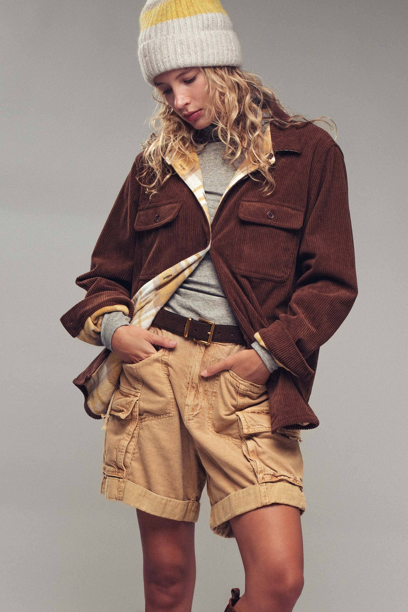 Urban Daizy Plaid Flannel-Lined Corduroy Shacket Taupe Shirt Jacket/Shacket - Women's (UDZ-KN-00150) – alternate view 2