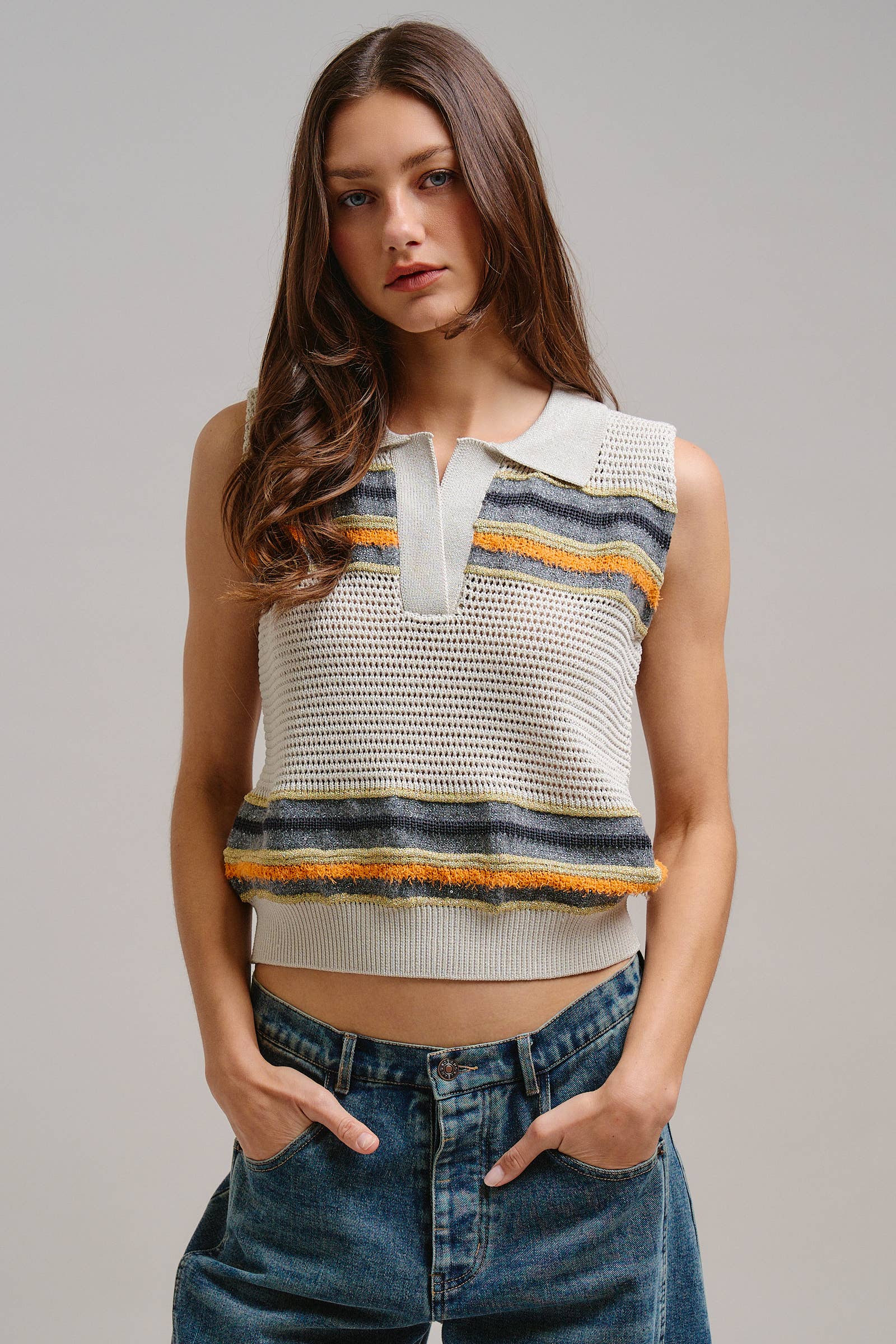 Retro Striped Metallic Knit Sleeveless Polo