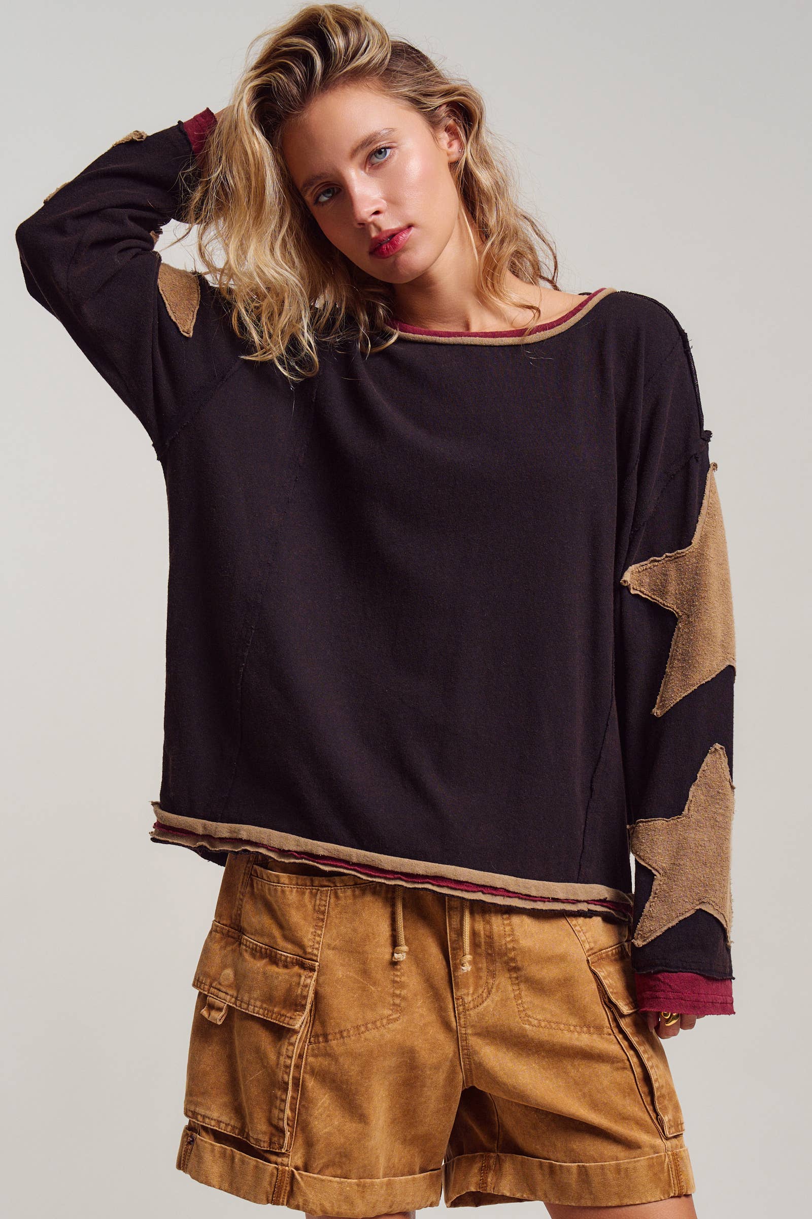 Urban Daizy Raw Seam Star Patch Slouchy Knit Top Brown Knit Top - Women's (UDTP1432-Brown) – alternate view 9