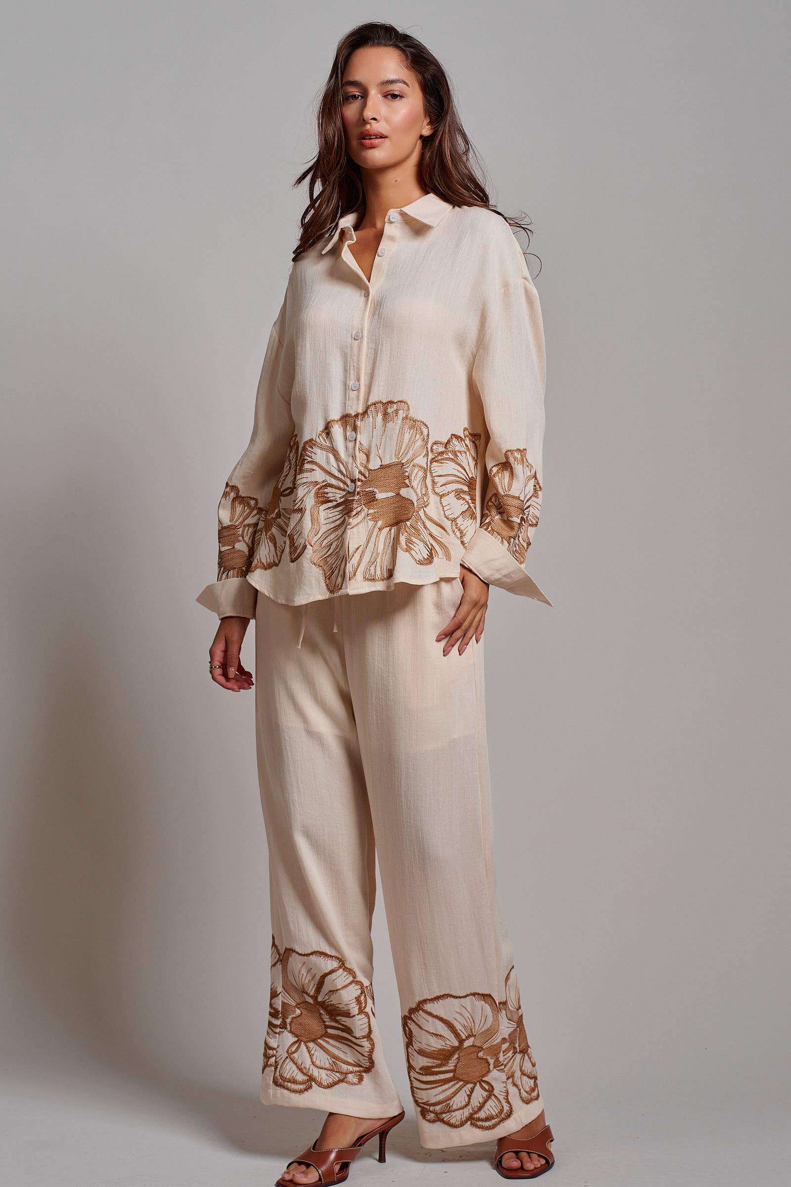 Floral Embroidered Wide Leg Drawstring Pants