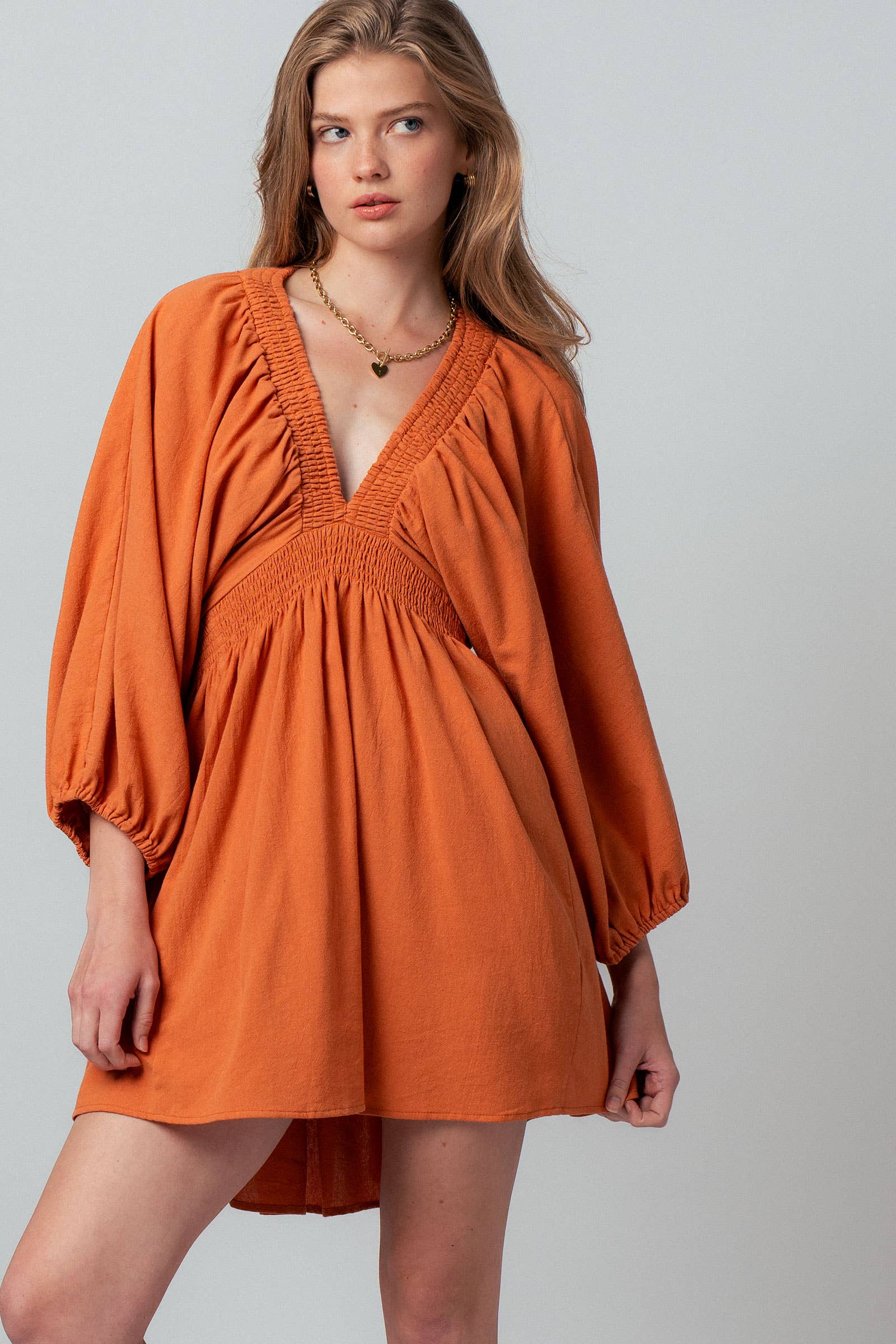 Urban Daizy Smocked V-Neck Balloon Sleeve Cotton Mini Dress Burnt-Orange Dress - Women's (UDZ-DR-00480) – alternate view 7