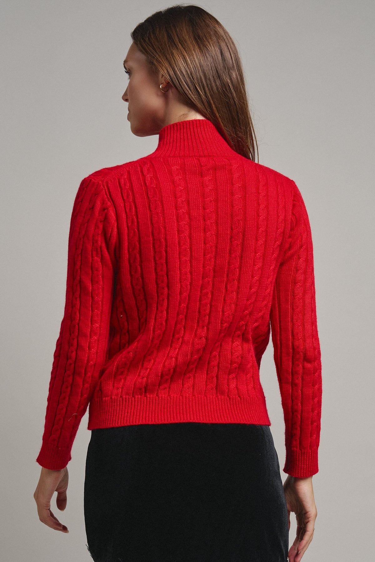 Cable Knit Mock Neck Button-Front Cardigan in RED - Women's Sweaters | Urban Daizy