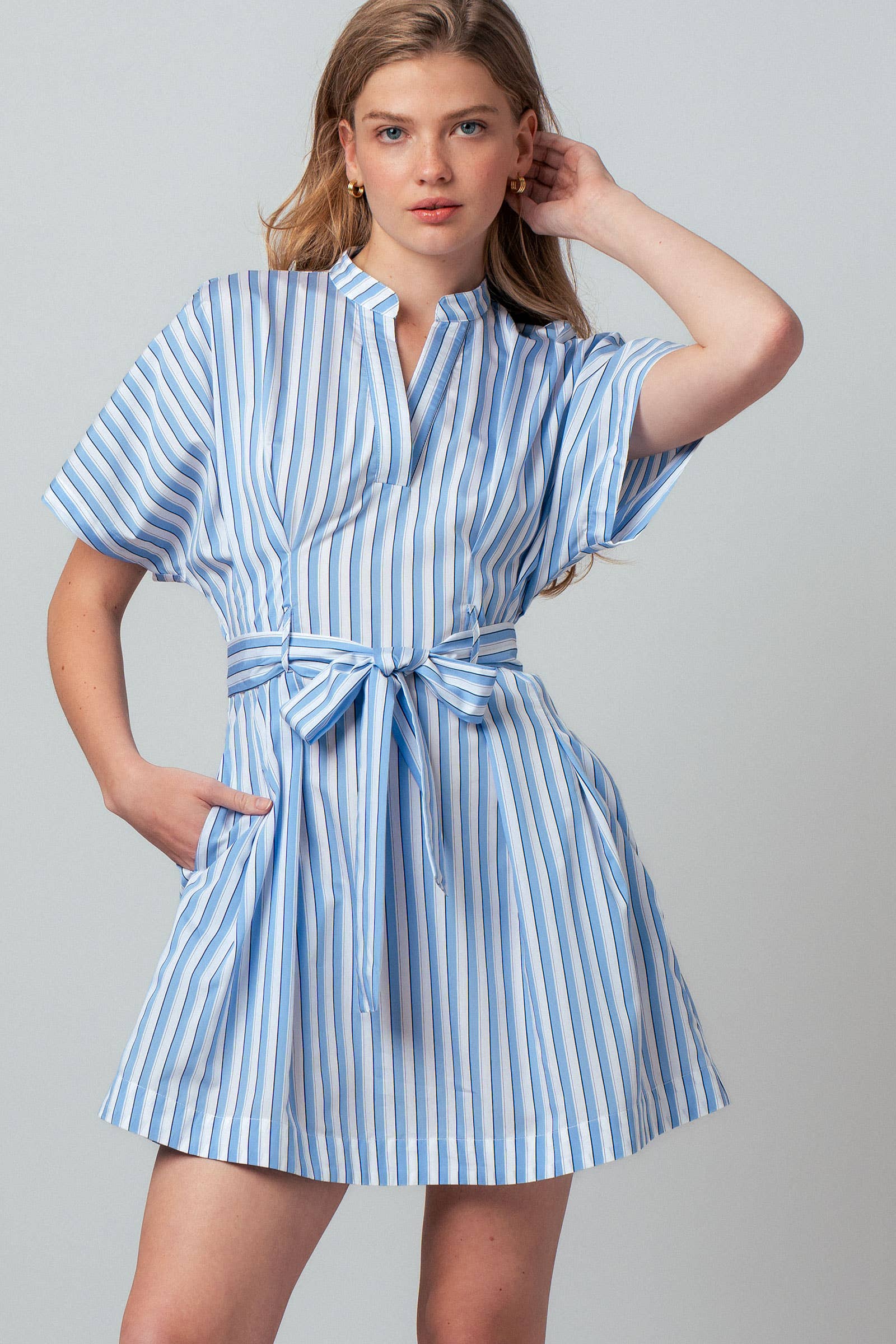 Urban Daizy Striped V-Neck Belted Mini Shirtdress Blue Dress - Women's
