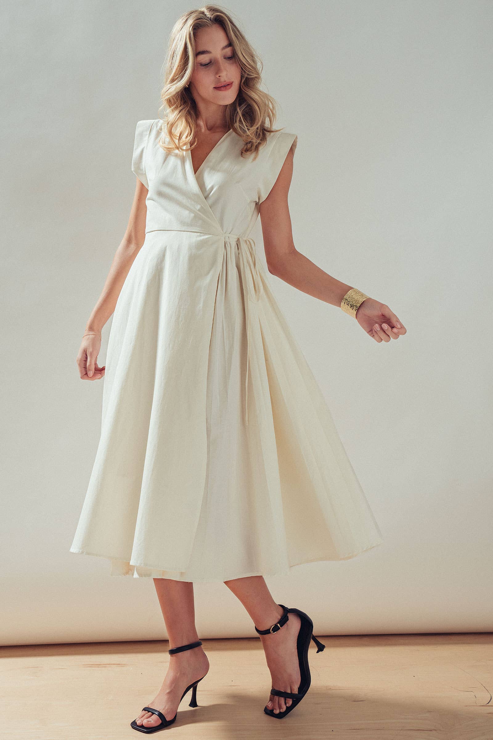 Collared Cap Sleeve Wrap Midi Dress