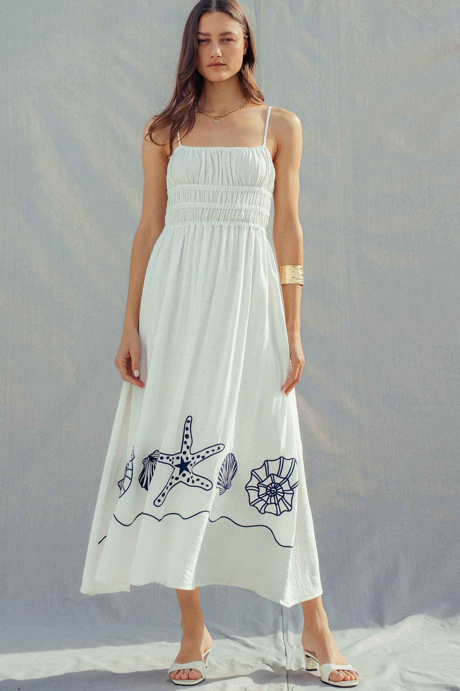 Urban Daizy Seashell Embroidered Linen Blend Smocked Dress White Dress - Women's (UDZ-DR-00517) – alternate view 3