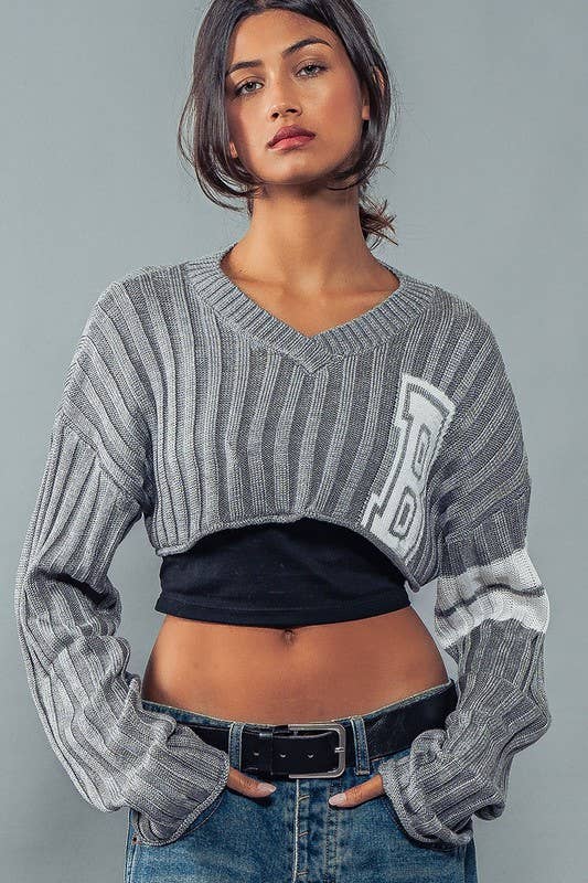 Urban Daizy Cropped Ribbed Knit V-Neck Sweater H-Grey Knit Top - Women's (UDZ-TP-00637) – alternate view 4