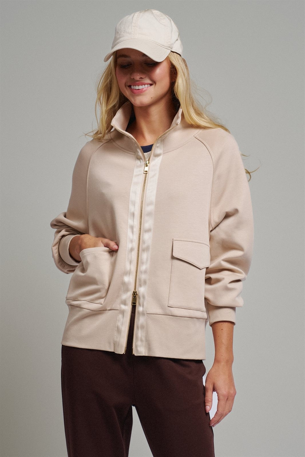 Scuba Zip Up Track Bomber Jacket Pilates Athflow for Women in SAND - Women's Jackets & Blazers | Urban Daizy