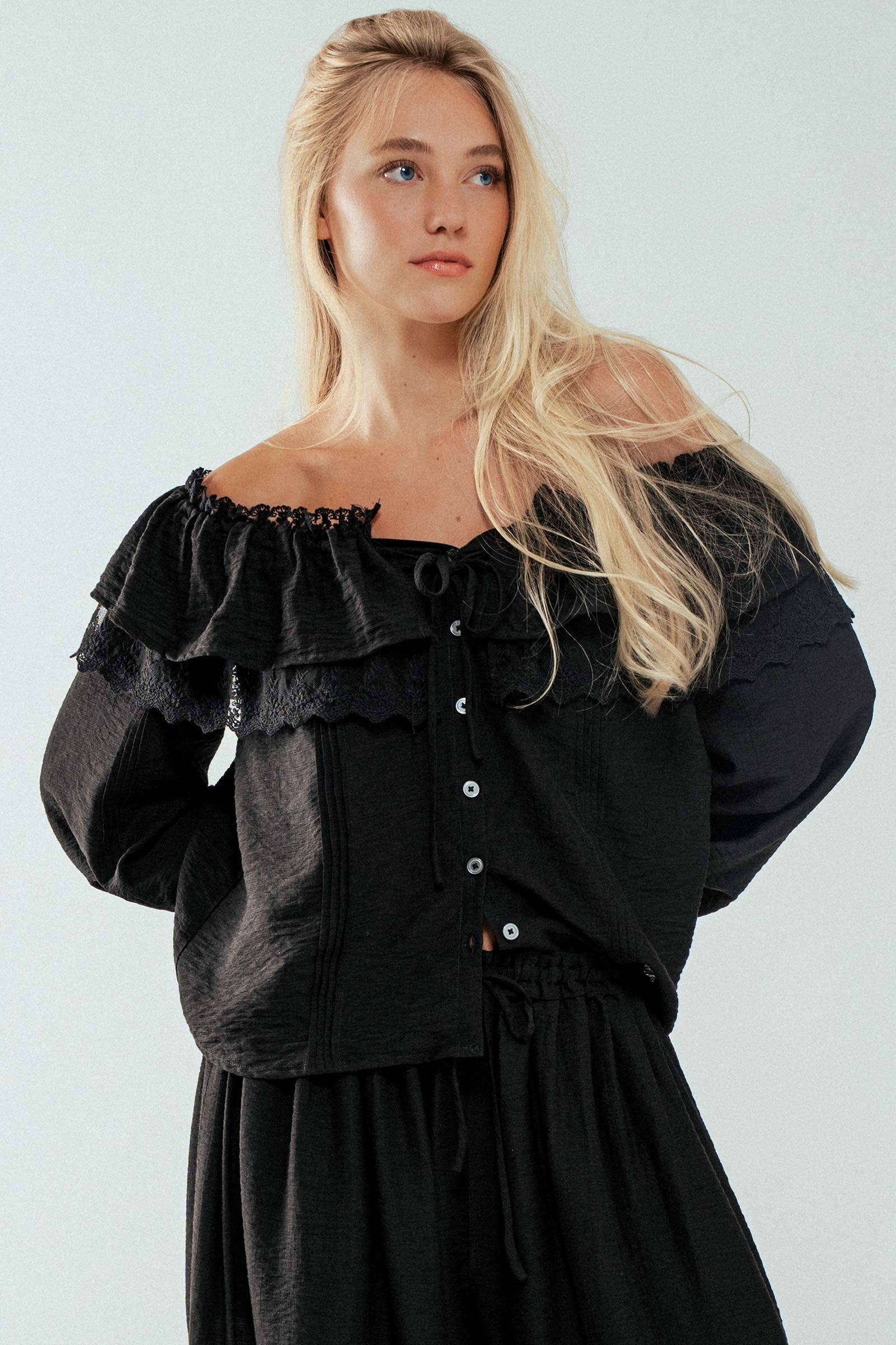 Lace Trim Ruffle Tie Neck Spring Blouse Top