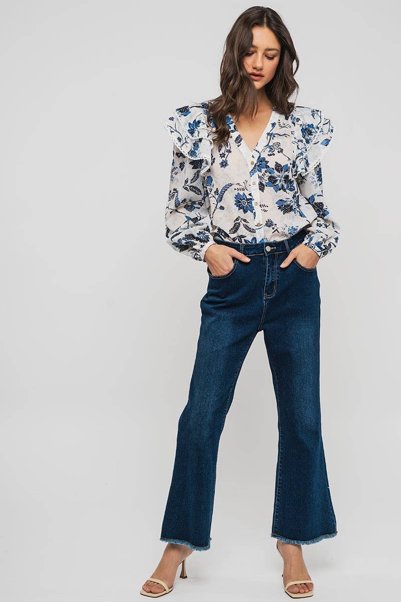 Urban Daizy Ruffled Shoulder V Neck Button Down Blouse White Black Blouse - Women's (UDZ-TP-00746) – alternate view 23