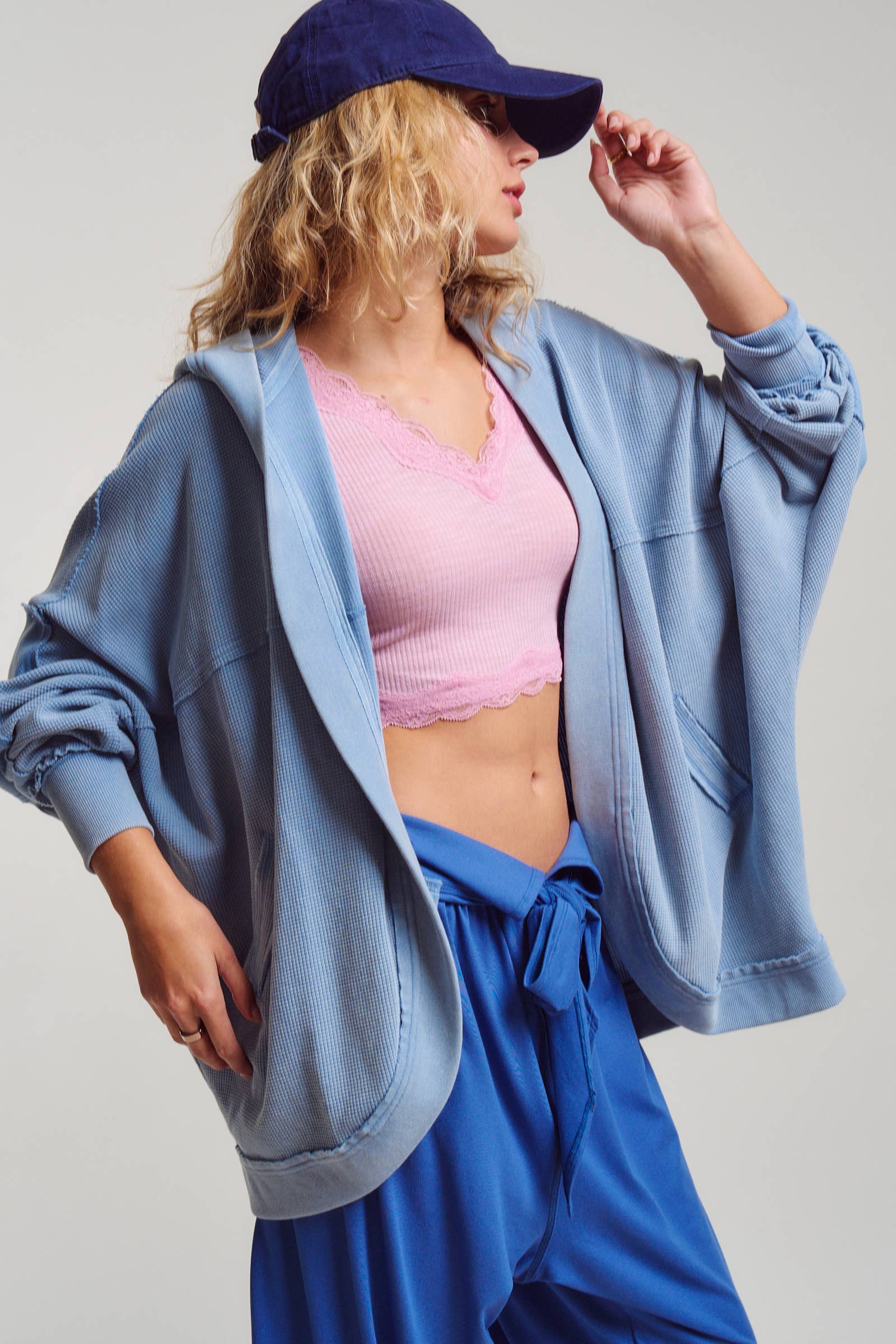 Washed Waffle Knit Hooded Cardigan