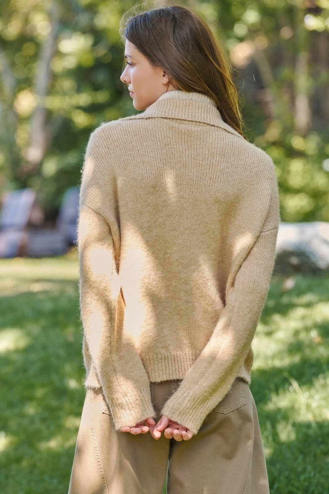 Wool Blend Half Zip Sweater with Double Collar in CAMEL - Women's Sweaters | Urban Daizy