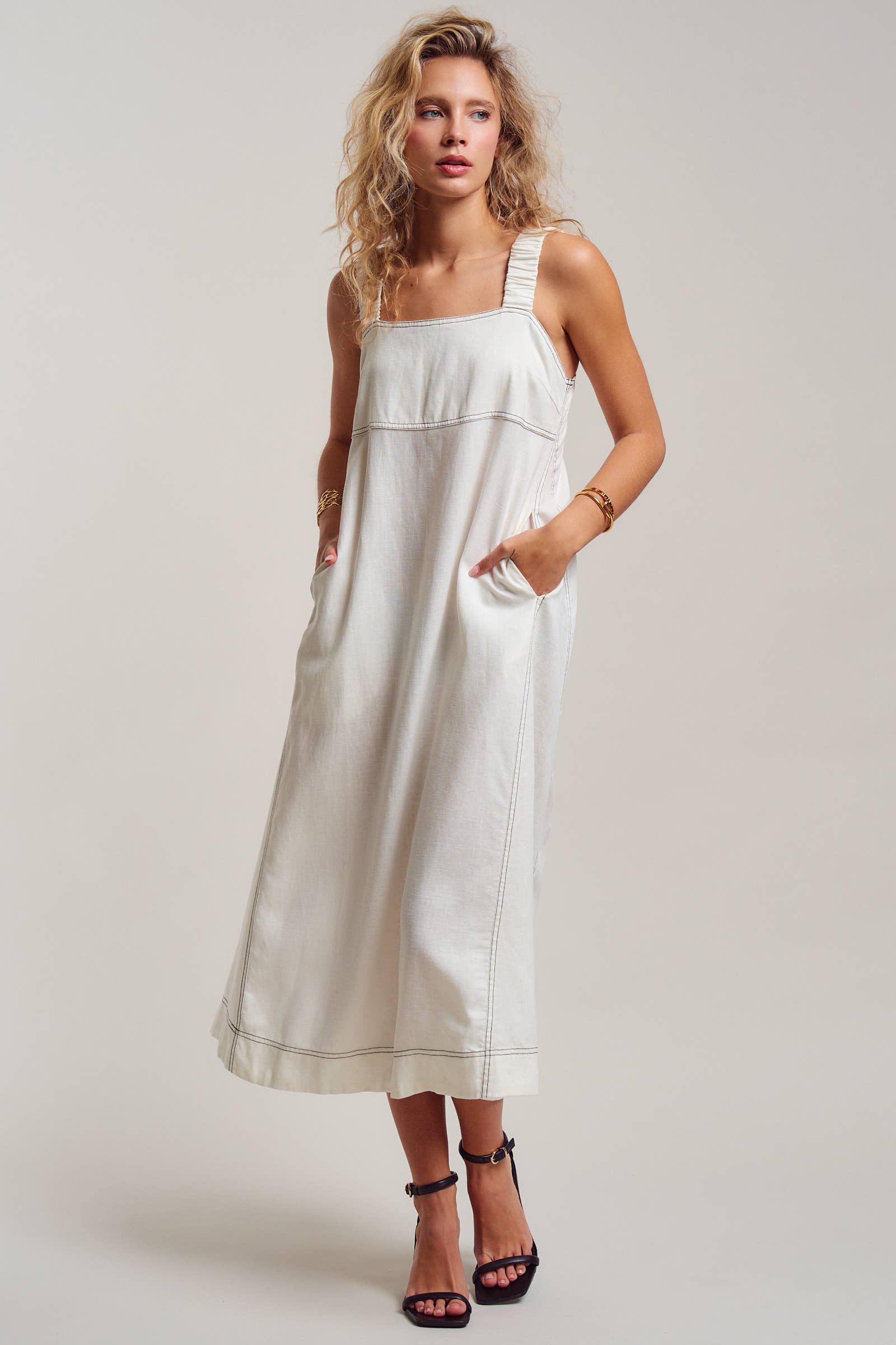 Contrast Stitch Square Neck Tencel Linen Midi Dress