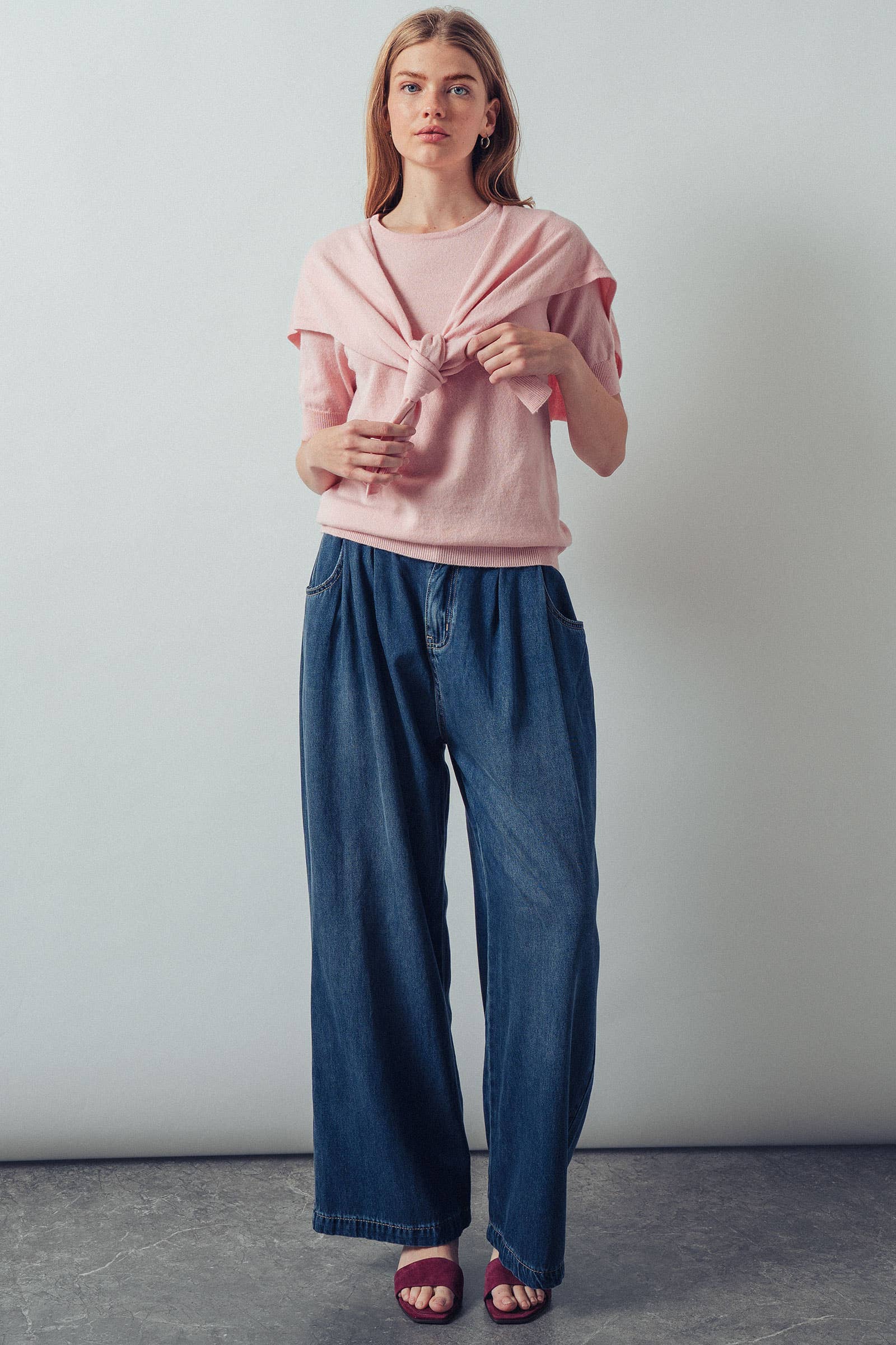 Faux Layered Tie-Front Knit Top