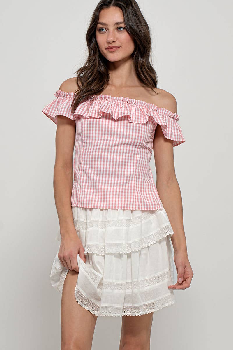 Urban Daizy Gingham Ruffle Off-Shoulder Crop Top Pink Blouse - Women's (UDZ-TP-01034) – alternate view 30