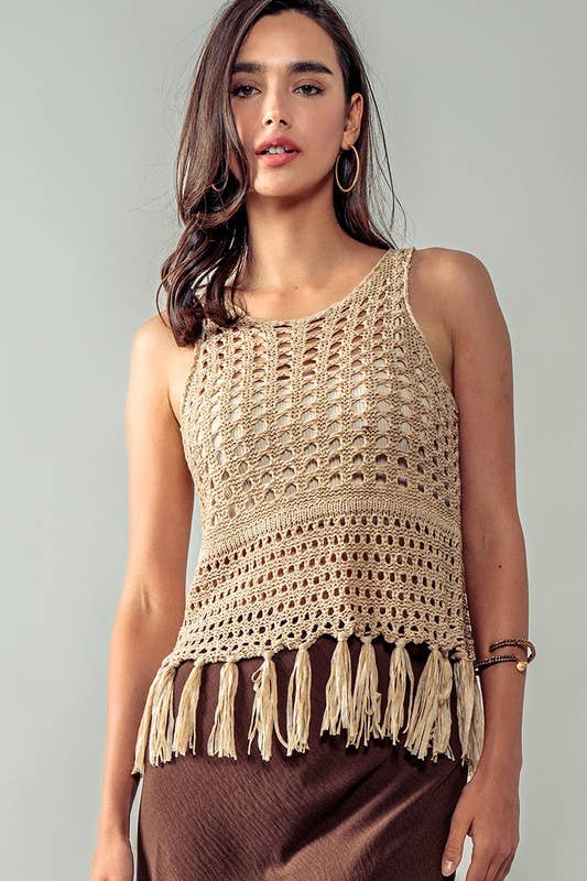 Urban Daizy Crochet Knit Boho Tassel Hem Summer Cover Top Khaki Knit Top - Women's (UDZ-TP-00504) – alternate view 9