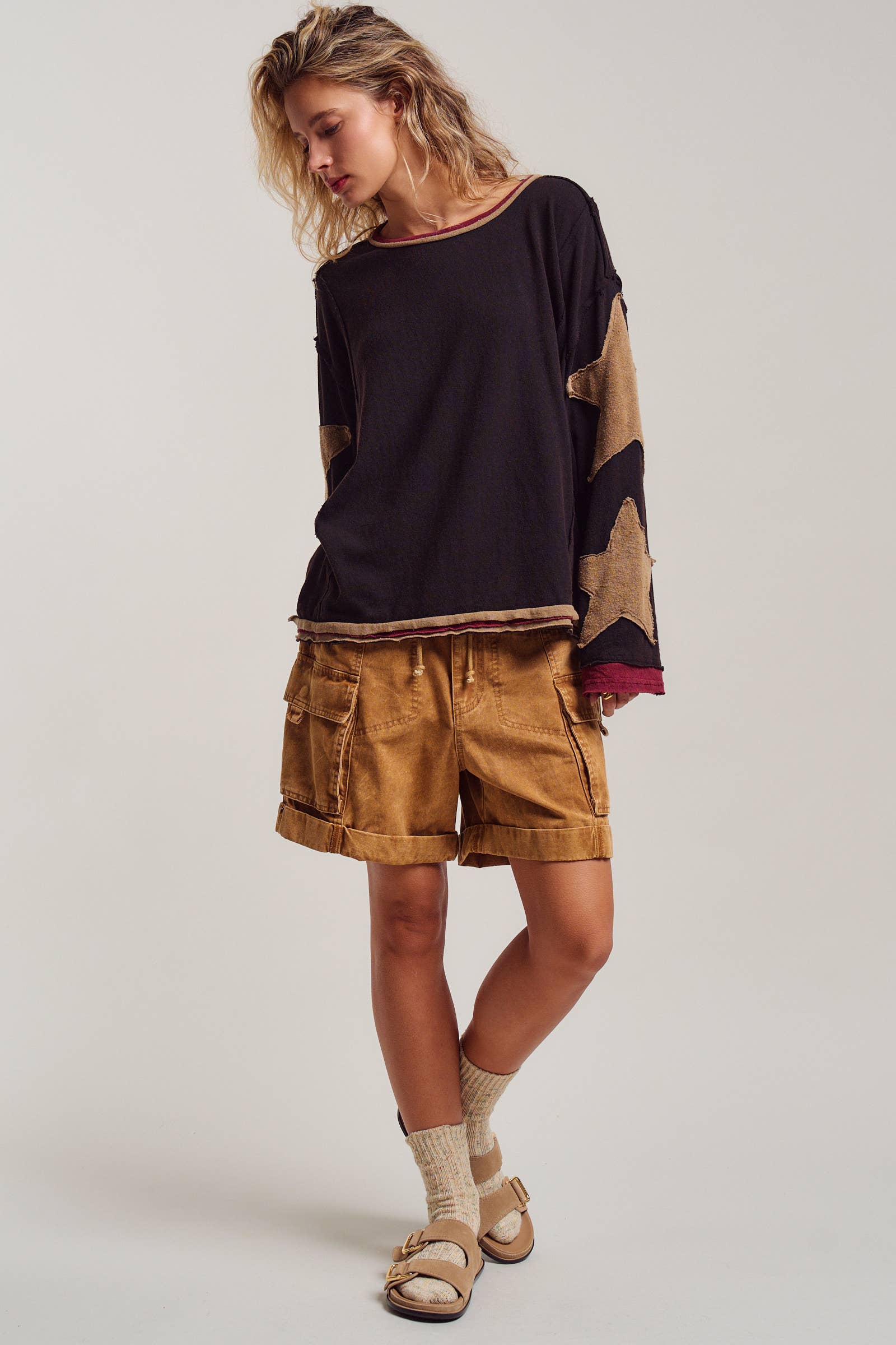 Urban Daizy Raw Seam Star Patch Slouchy Knit Top Brown Knit Top - Women's (UDTP1432-Brown) – alternate view 8