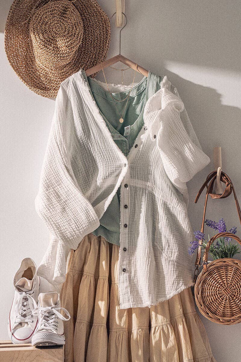 Raw Hem Crinkle Cotton Button-Down Shirt