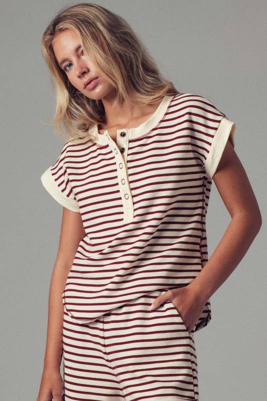 Striped Henley Button-Up Western Top