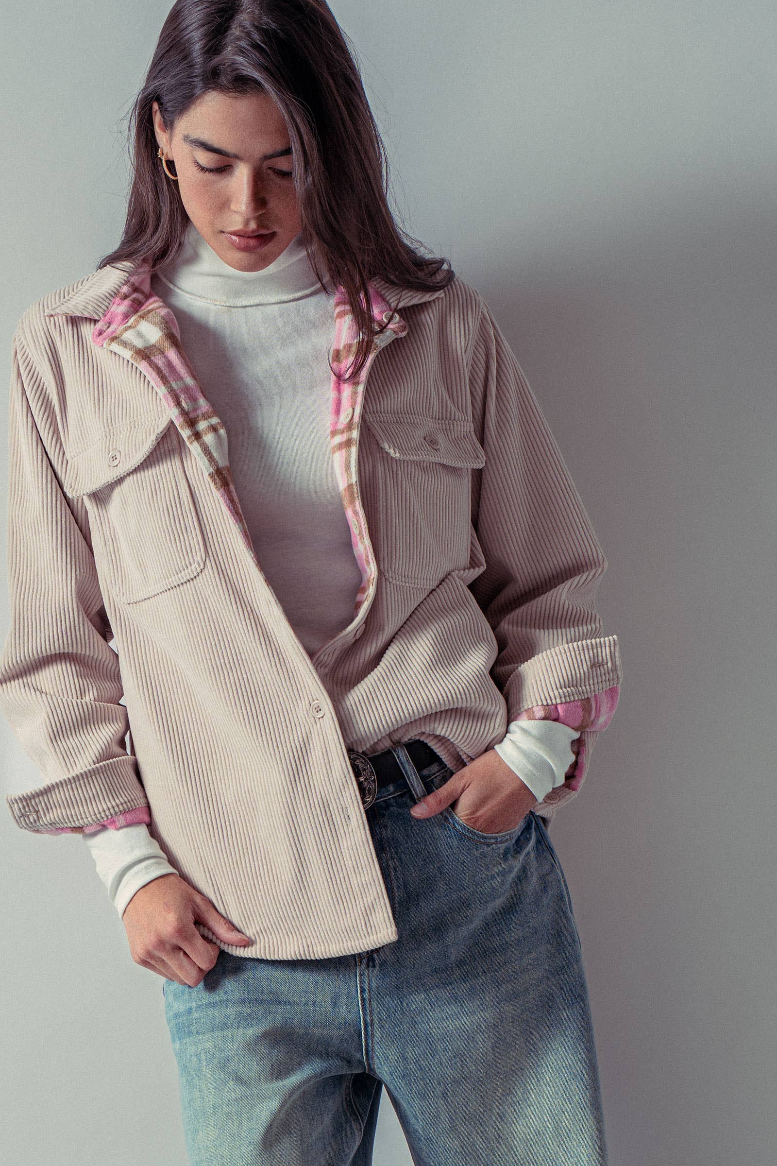 Urban Daizy Plaid Flannel-Lined Corduroy Shacket Taupe Shirt Jacket/Shacket - Women's (UDZ-KN-00150) – alternate view 22
