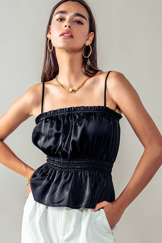 Urban Daizy Silky Gathered Waist Spaghetti Strap Summer Top Black Blouse - Women's (UDZ-TP-00542)