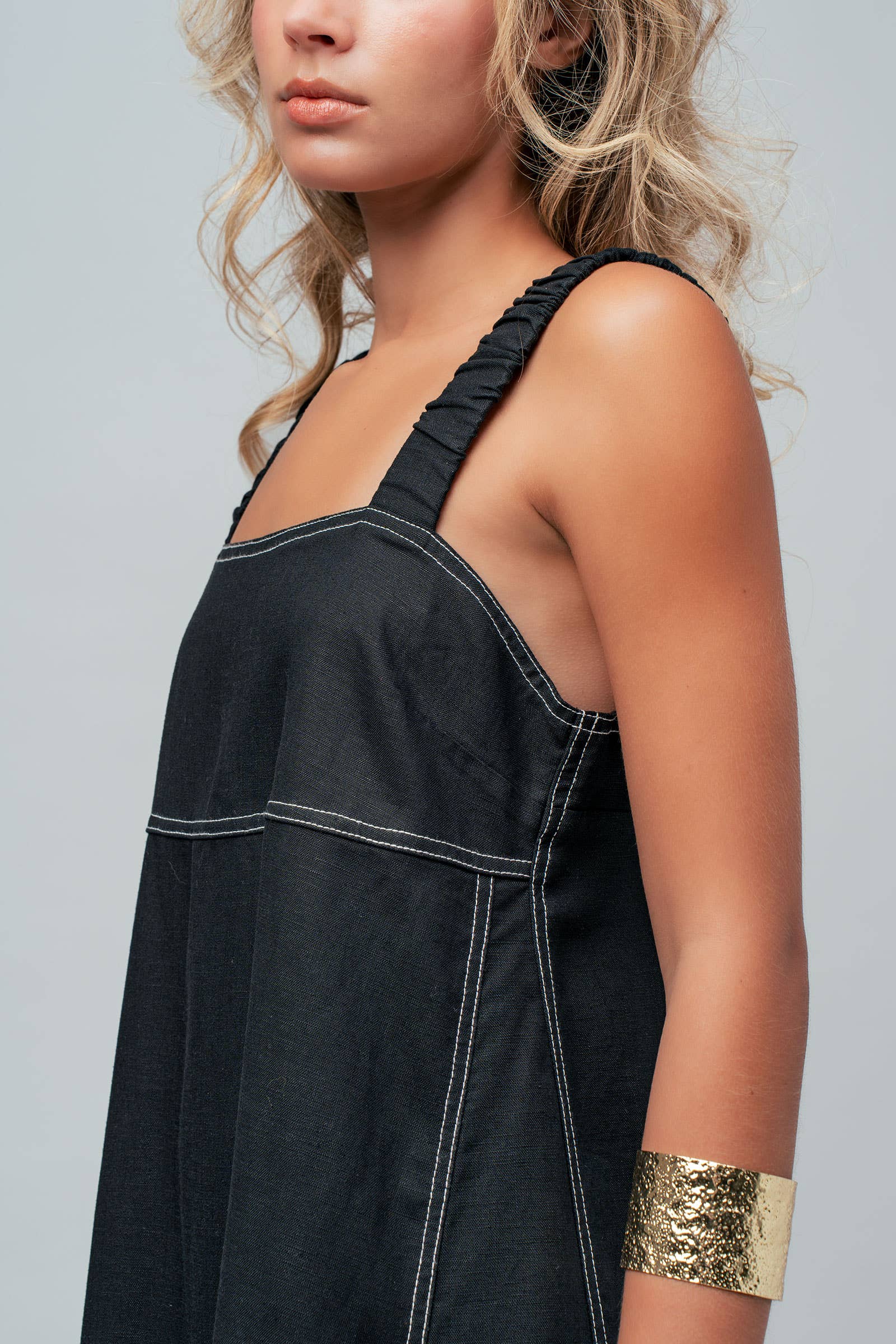 Contrast Stitch Square Neck Tencel Linen Midi Dress