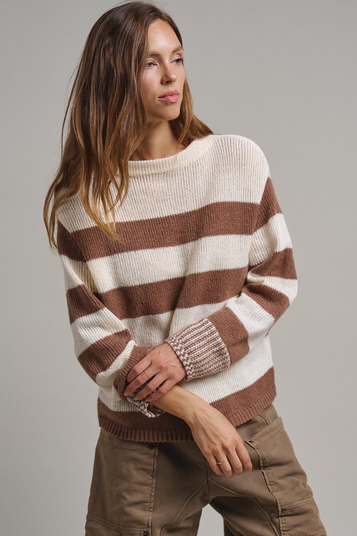 Striped Oversized Chunky Knit Sweater in BROWN - Women's Sweaters | Urban Daizy