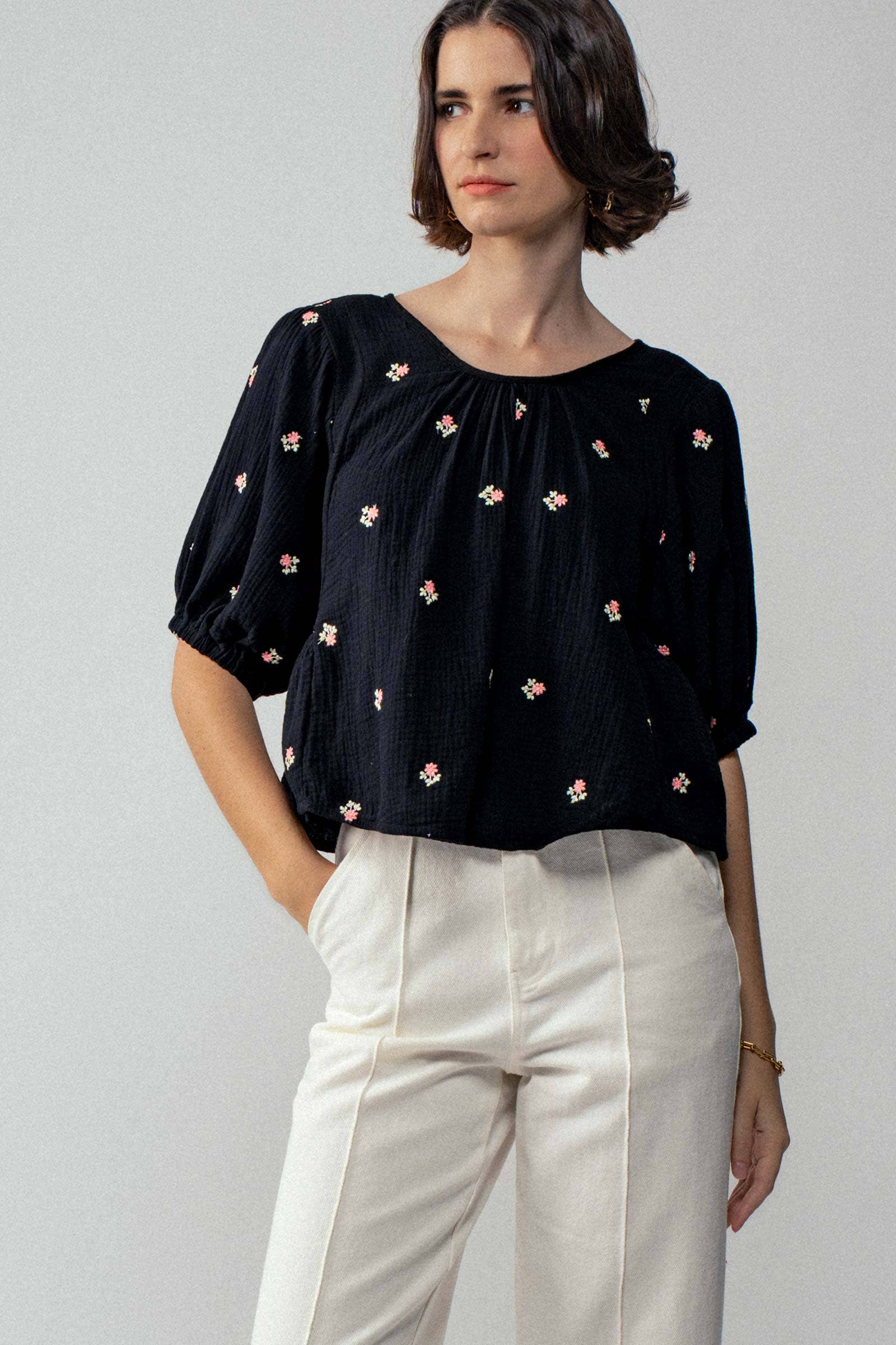 Urban Daizy Floral Embroidered Gauze Blouse Black Blouse - Women's (UDZ-TP-00728) – alternate view 10