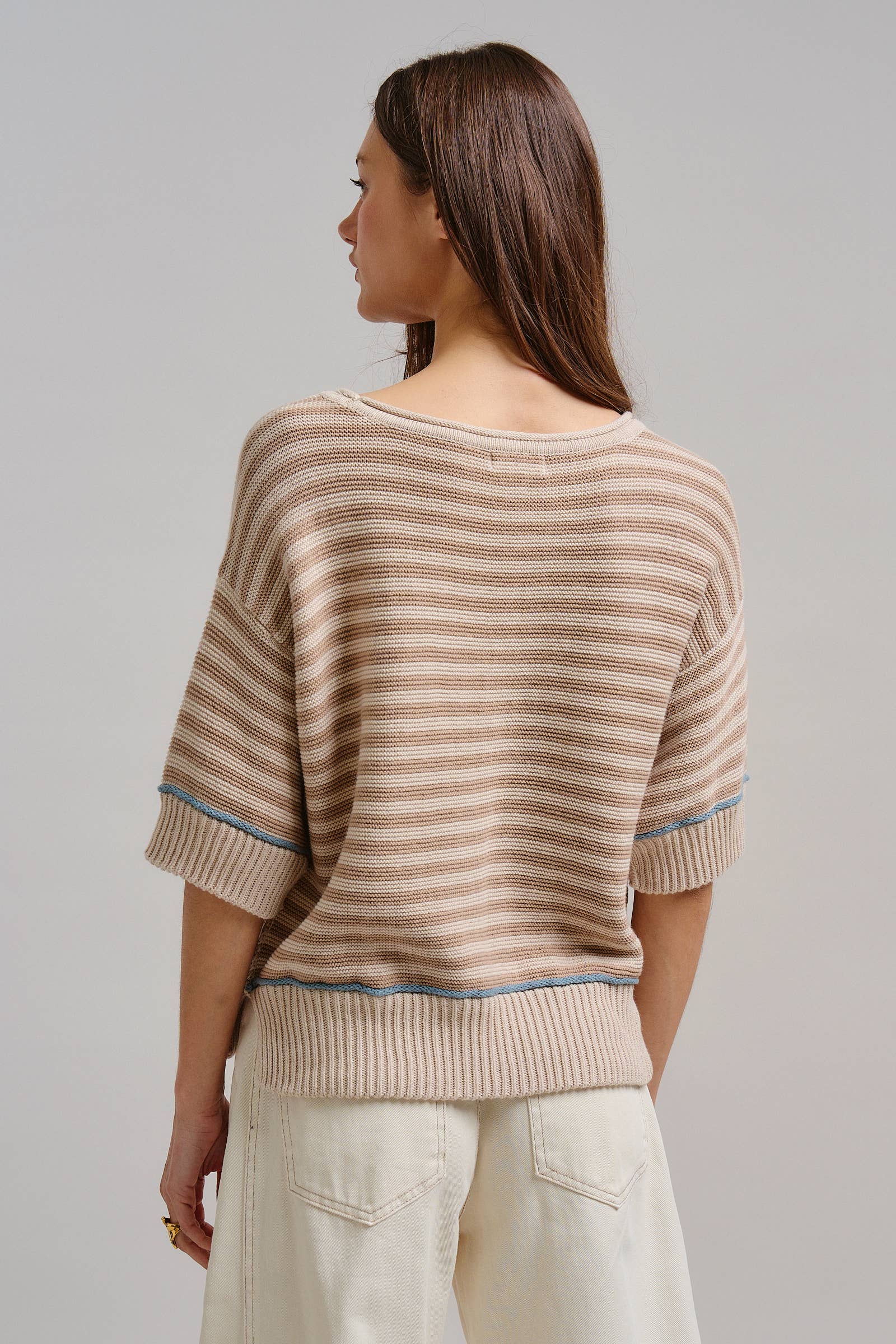 Yellow Striped Contrast Trim Sweater Tee