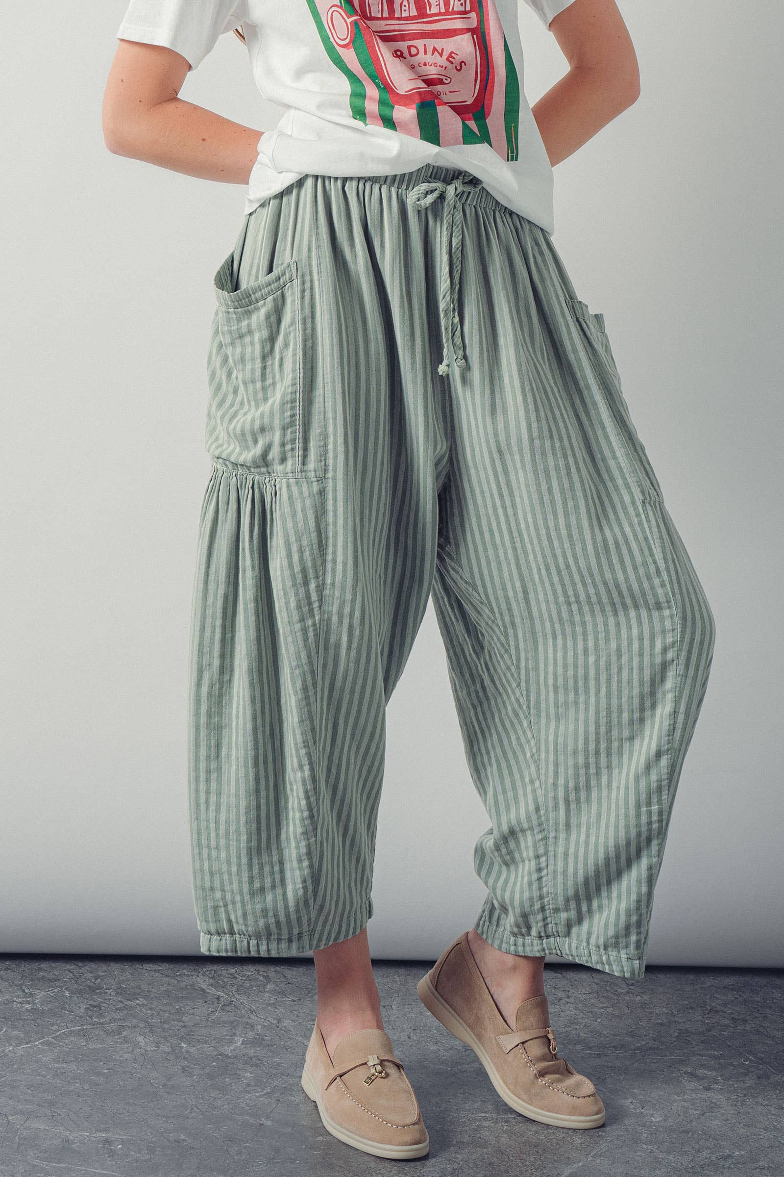 Urban Daizy Striped Cotton Drawstring Harem Pants Sage Pants - Women's