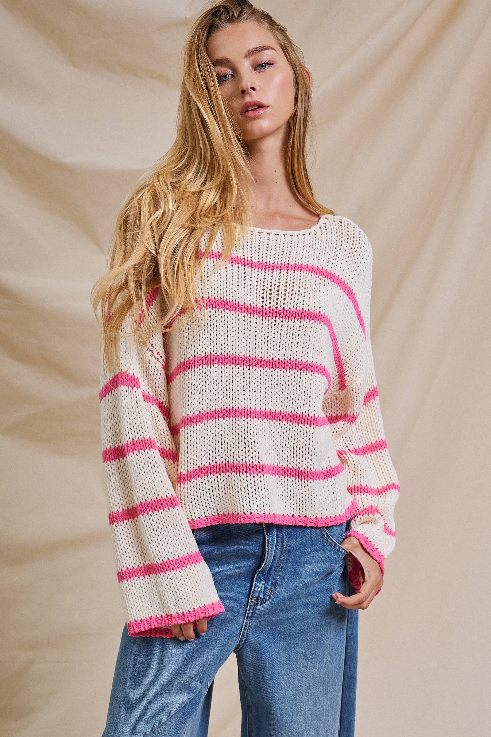 Nautical Striped Open Knit Slouchy Sweater