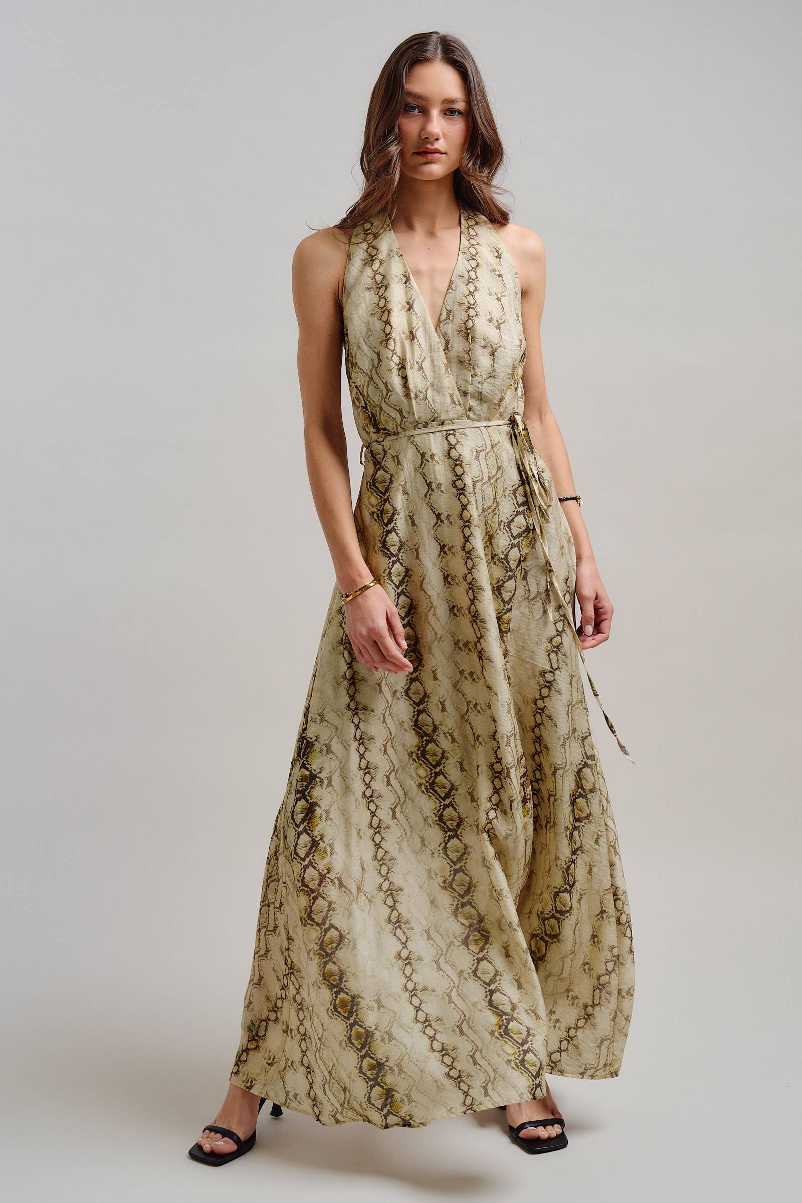 Snake Print Tencel Linen Halter Maxi Dress