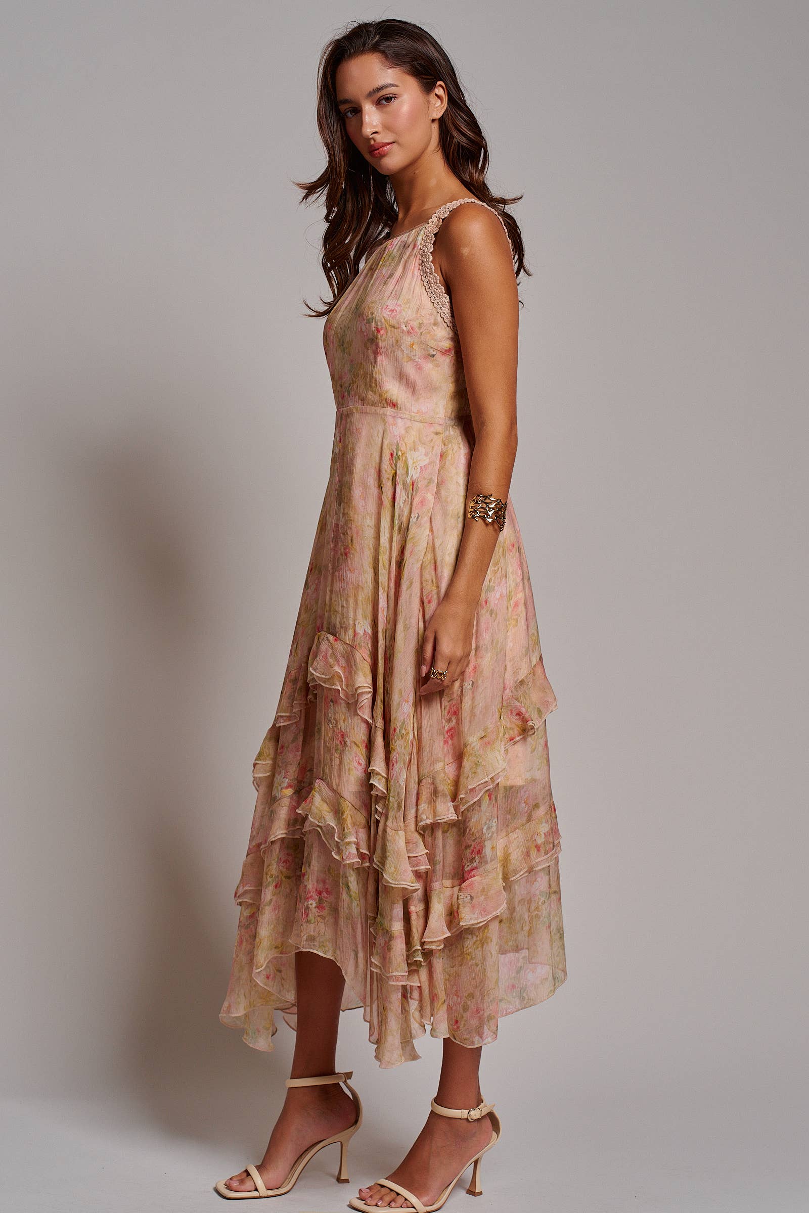 Floral Waterfall Ruffle Midi Dress Crochet Trim