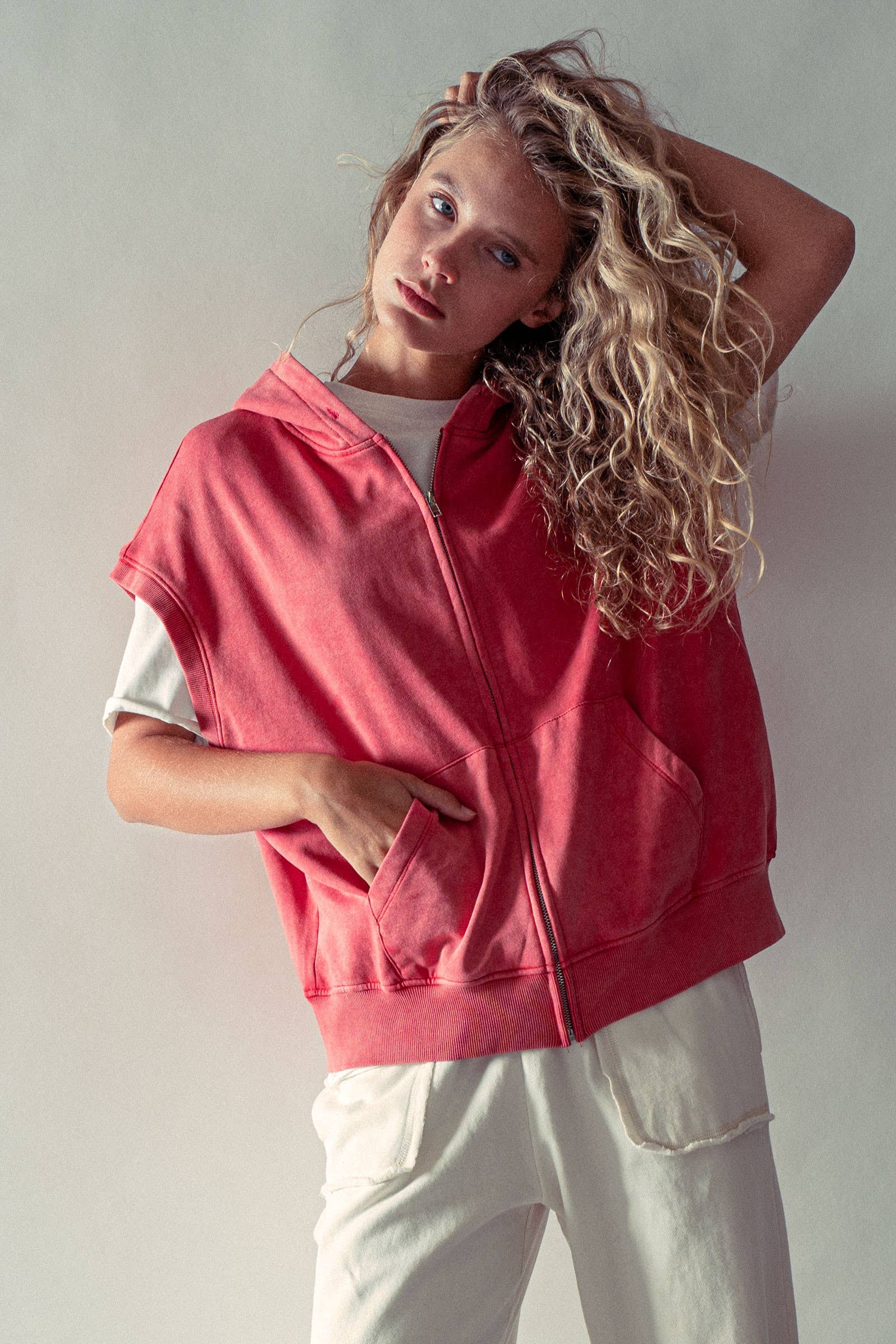 Vintage-Wash Sleeveless Terry Hoodie