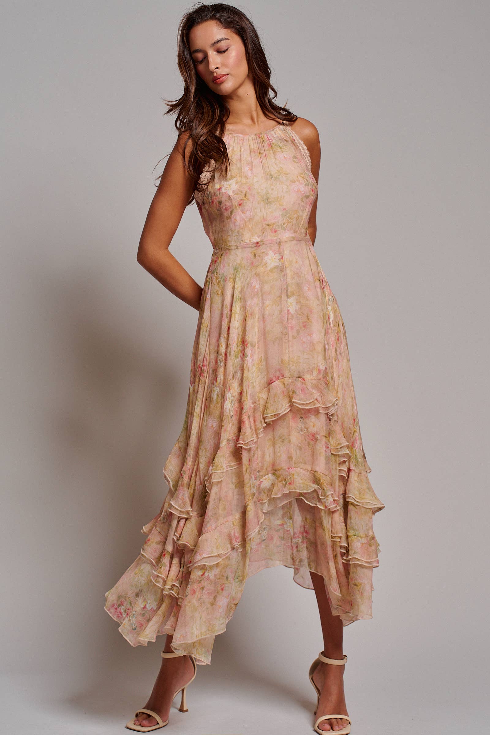 Floral Waterfall Ruffle Midi Dress Crochet Trim
