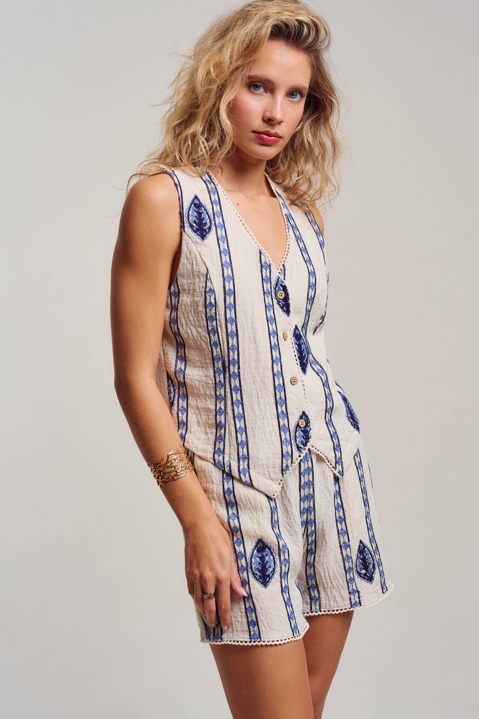 Blue Embroidered Linen Blend Button Front Vest