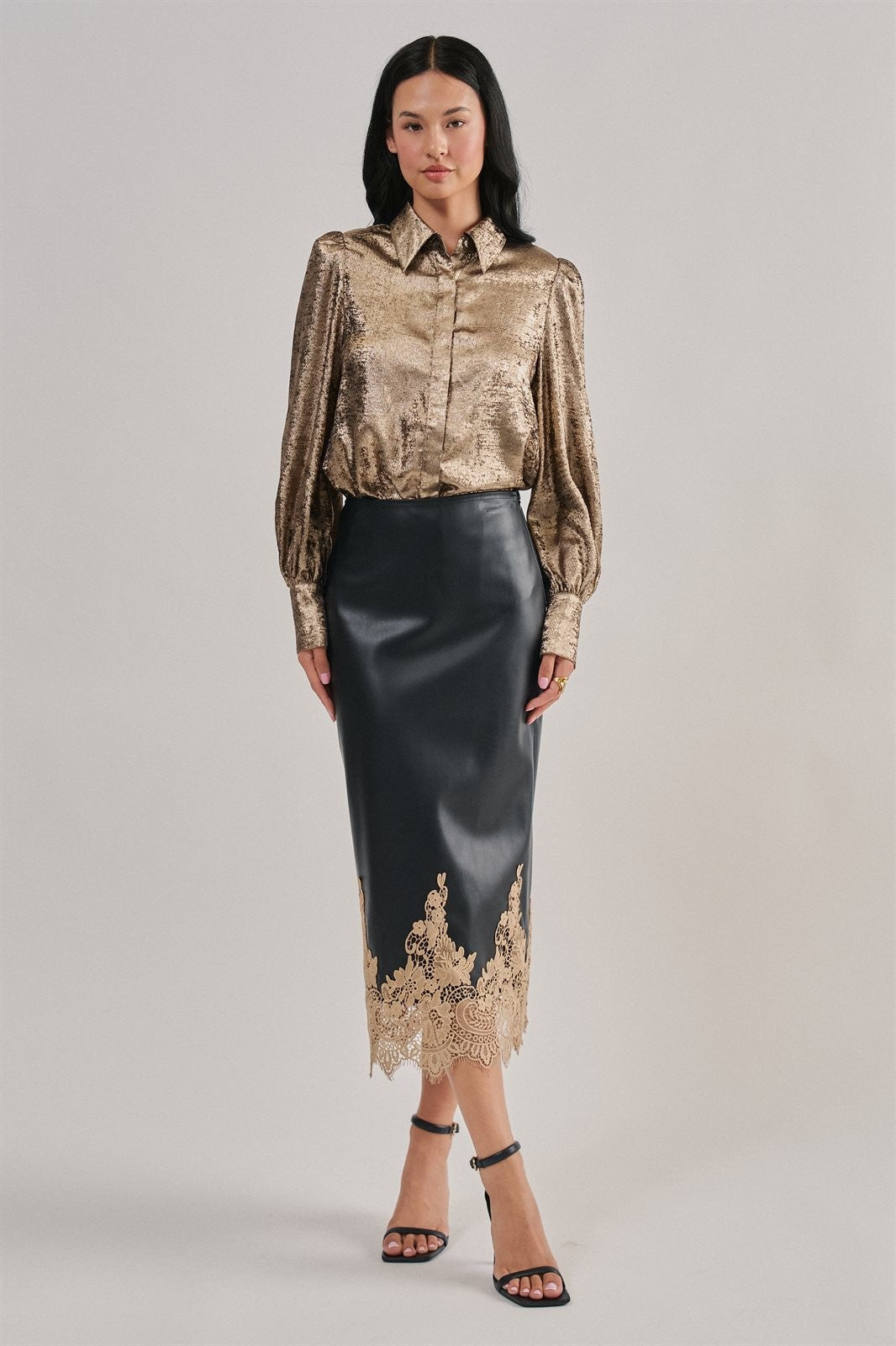 Metallic Shimmer Button Down Blouse with Puff Sleeves in GOLD - Women's Shirts & Blouses | Urban Daizy