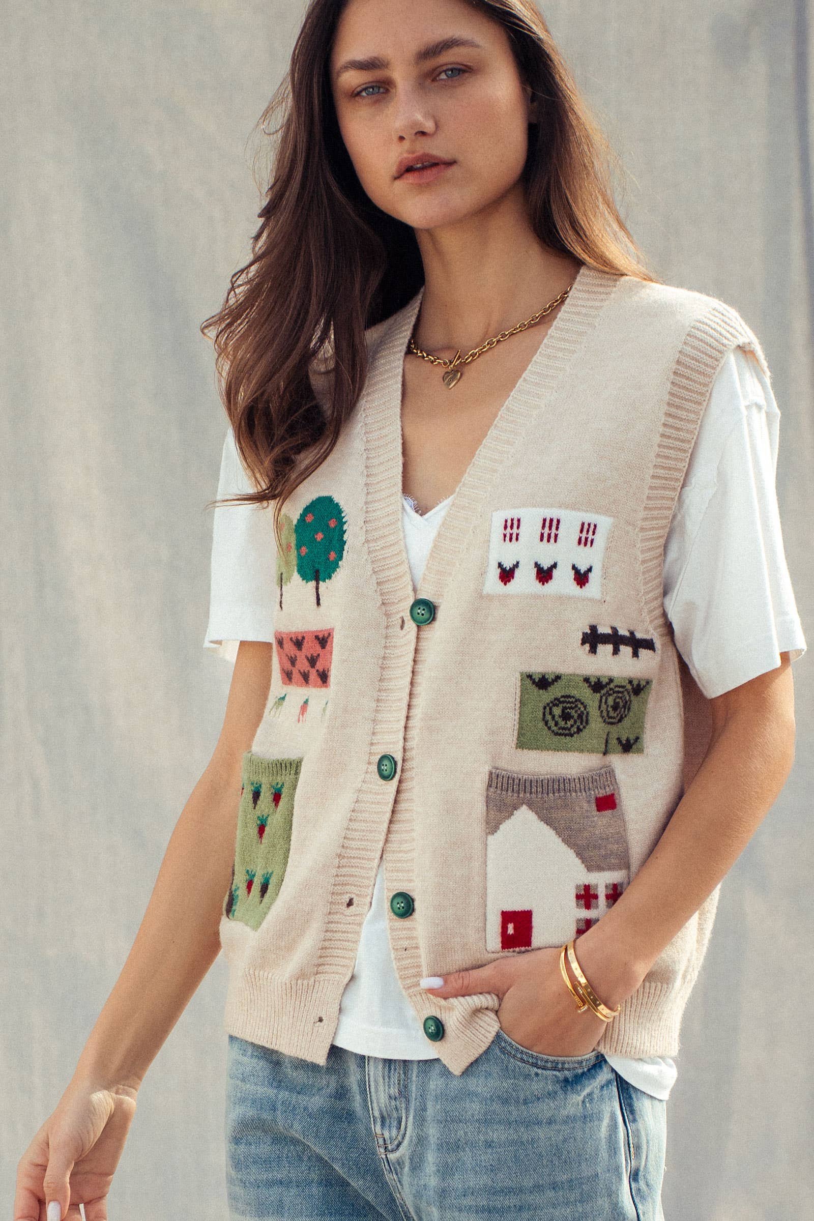 Urban Daizy Boho Graphic Knit Vest with Patch Pockets Oatmeal Sweater Vest - Women's (UDZ-KN-01039) – alternate view 2