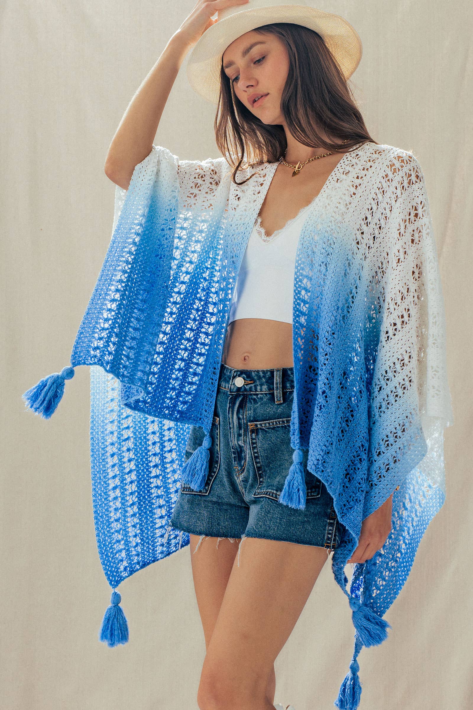 Urban Daizy Ombre Crochet Knit Poncho Tassel Cover-Up Sage Poncho - Women's (UDZ-OT-00492) – alternate view 11