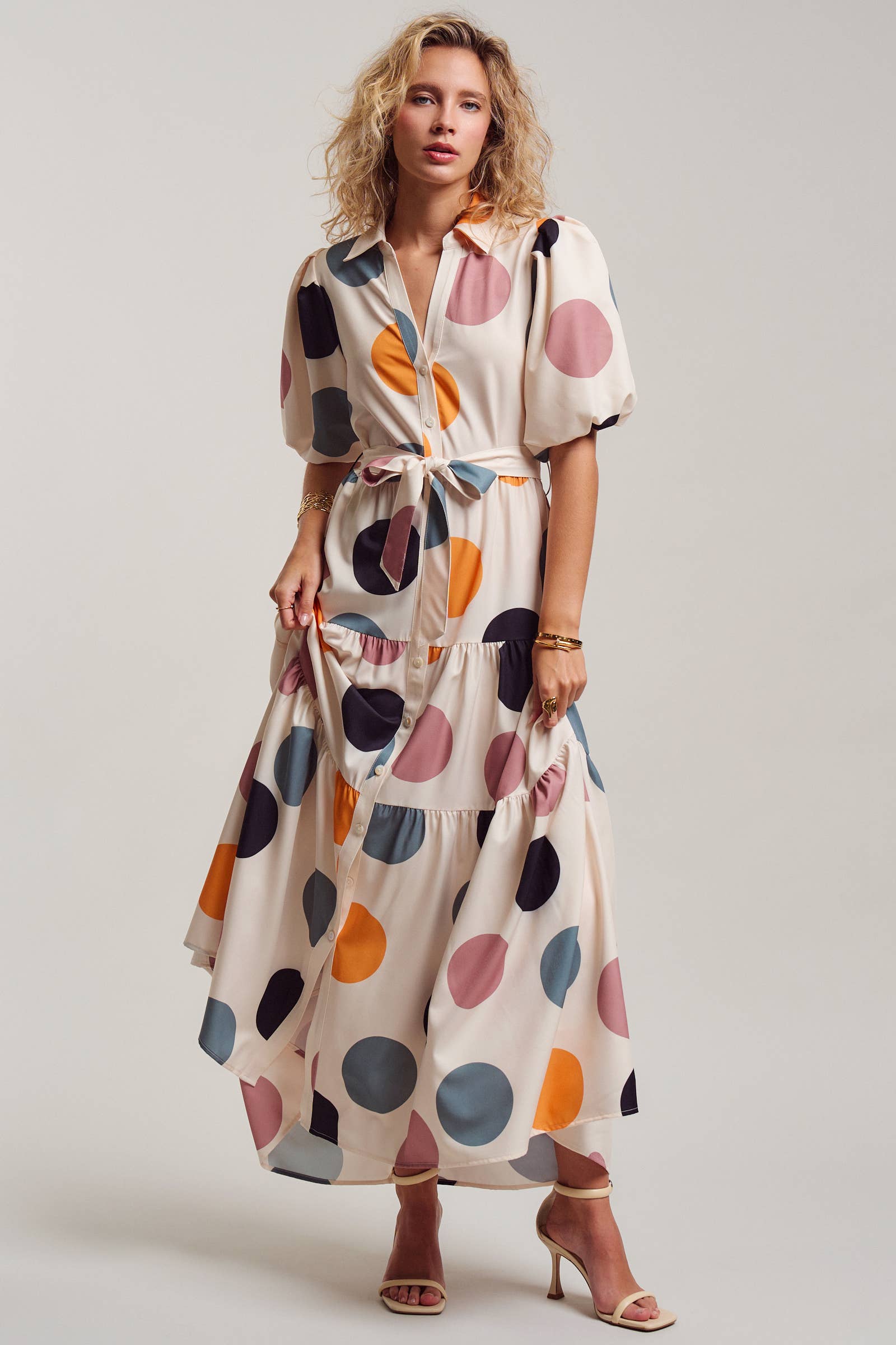 Urban Daizy Retro Polka Dot Puff Sleeve Tiered Maxi Shirt Dress Cream Dress - Women's (TNDR1630-Cream)