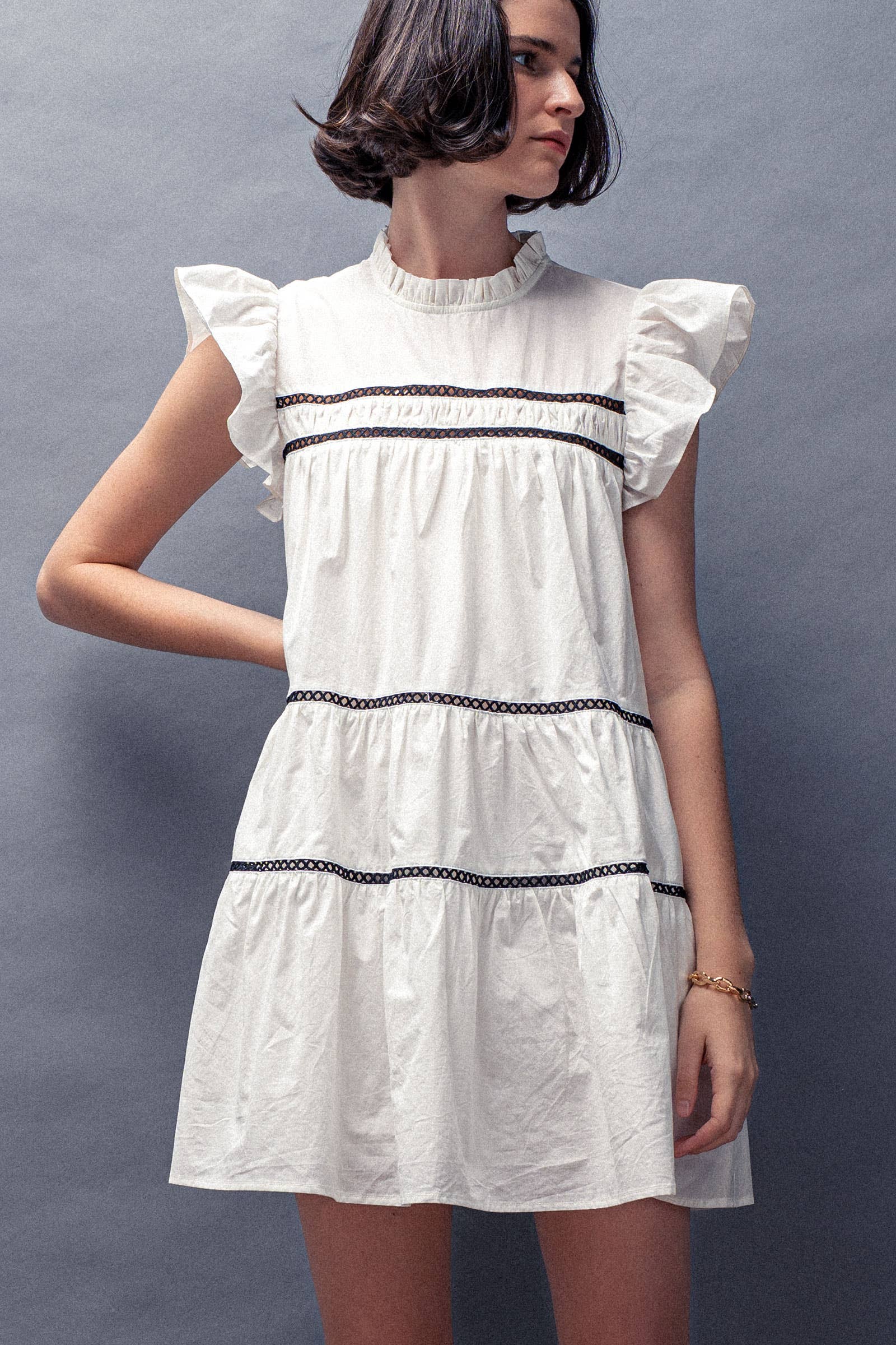 Urban Daizy Lace Trim Ruffle Sleeve Tiered Spring Mini Dress Black Dress - Women's (UDZ-DR-00204) – alternate view 4