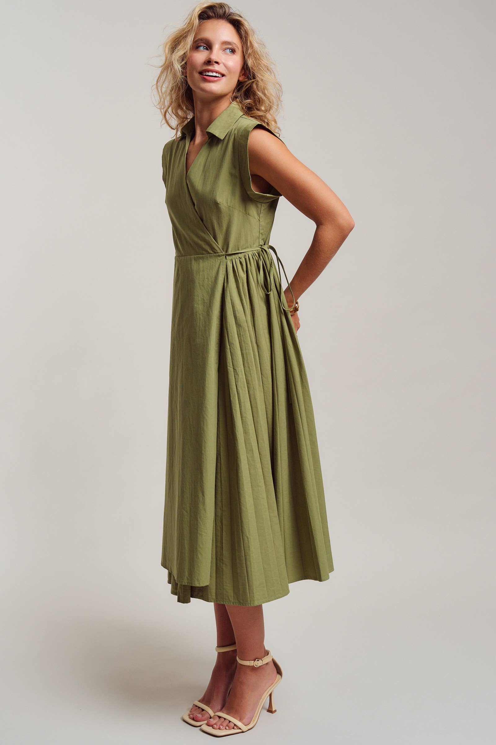 Collared Cap Sleeve Wrap Midi Dress