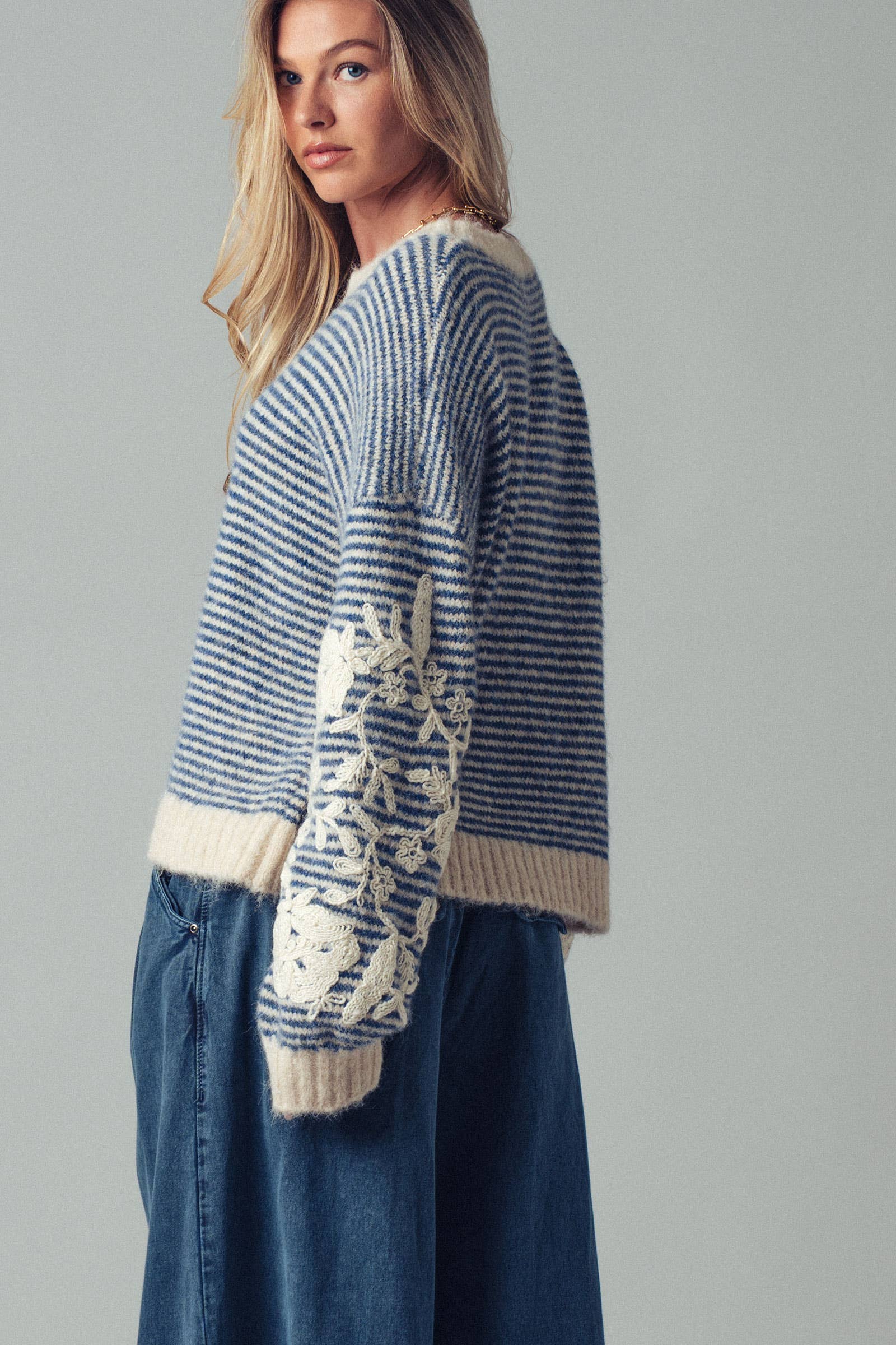 Urban Daizy Floral Embroidered Striped Knit Sweater Brown Knit Sweater - Women's (UDZ-TP-00814) – alternate view 14